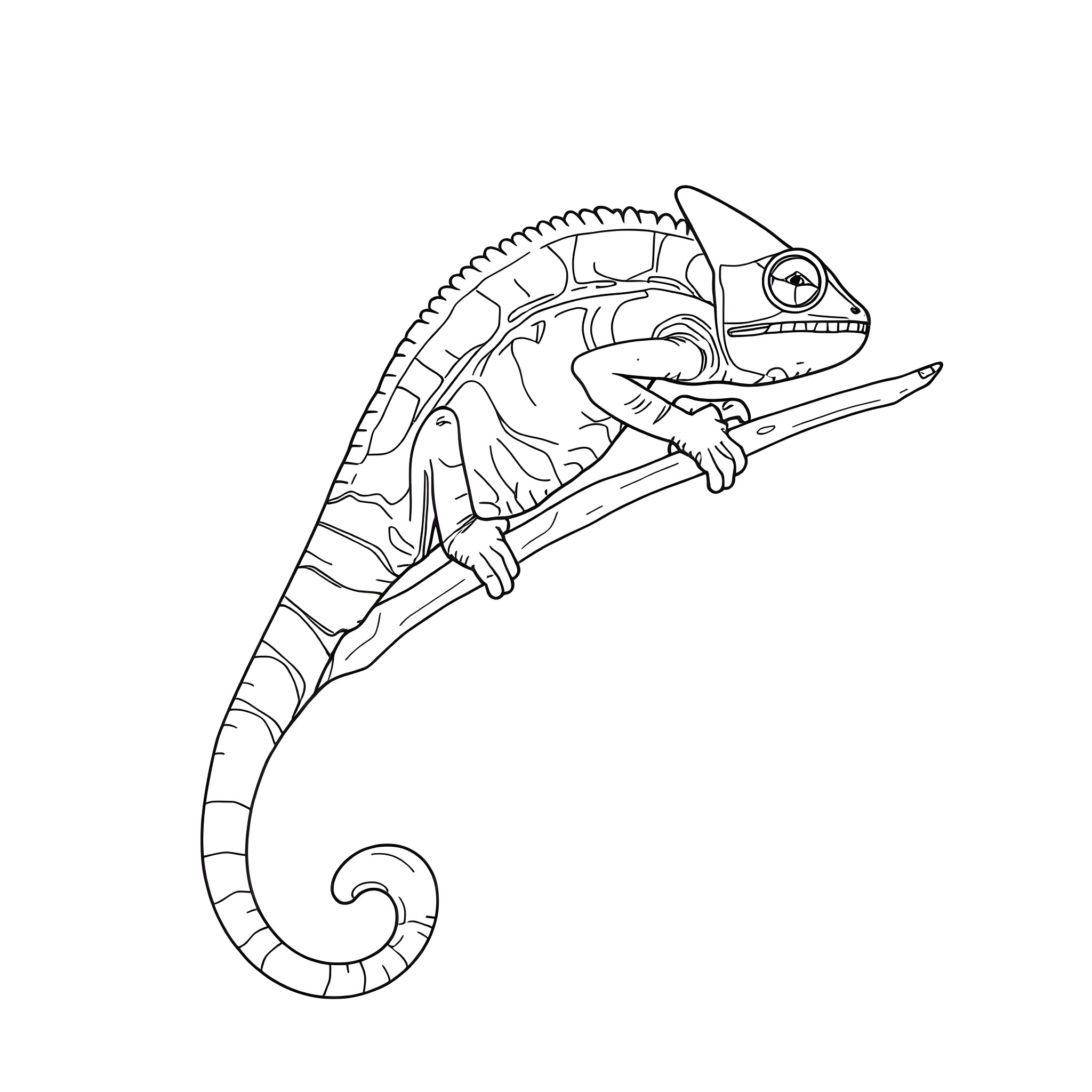 Chameleon exploring a branch Coloring Page (free black-and-white line drawing printable PDF for all, from beginners to advanced learners, including children, teens, adults, and seniors)