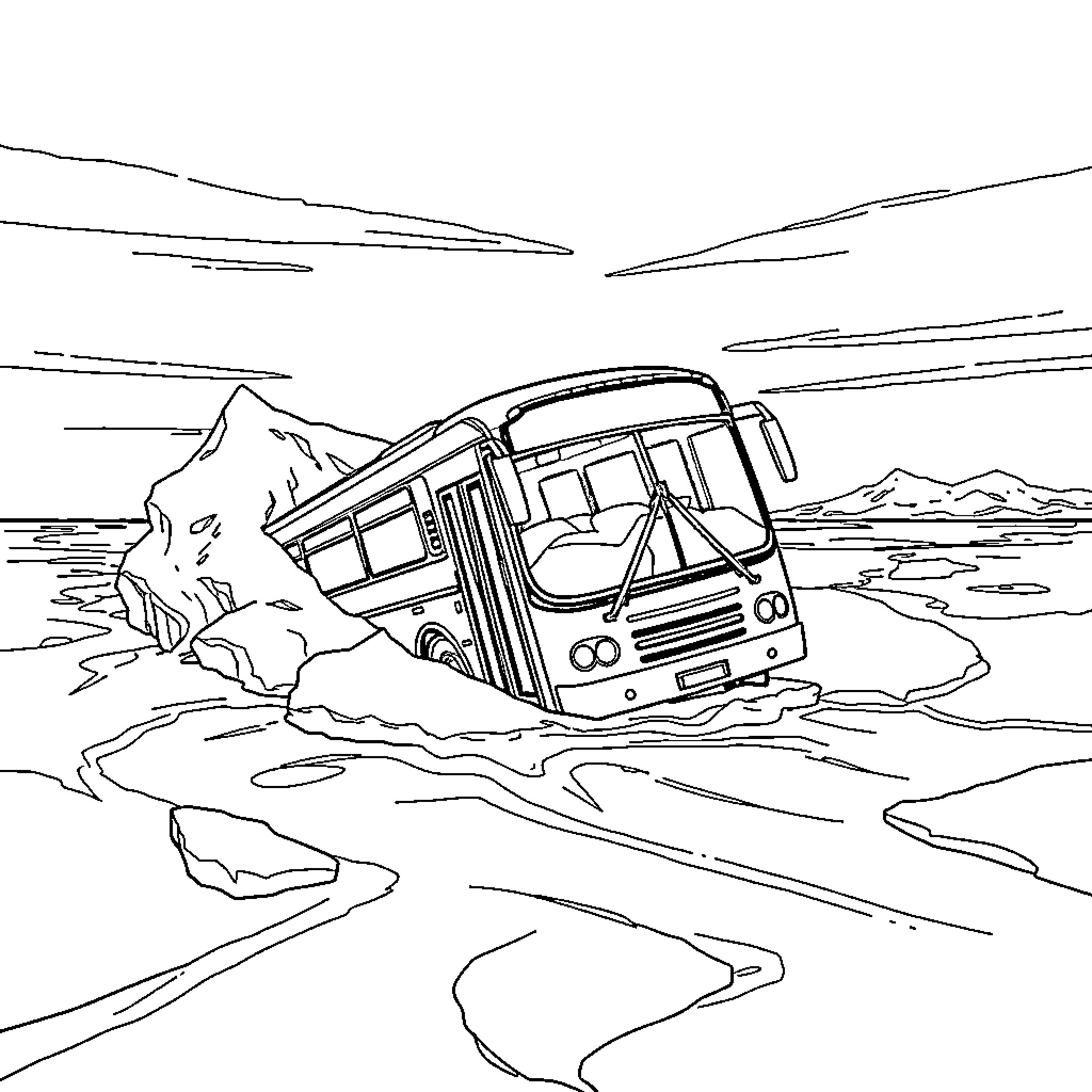 Bus Navigating Treacherous Terrain Coloring Page (free black-and-white line drawing printable PDF for all, from beginners to advanced learners, including children, teens, adults, and seniors)