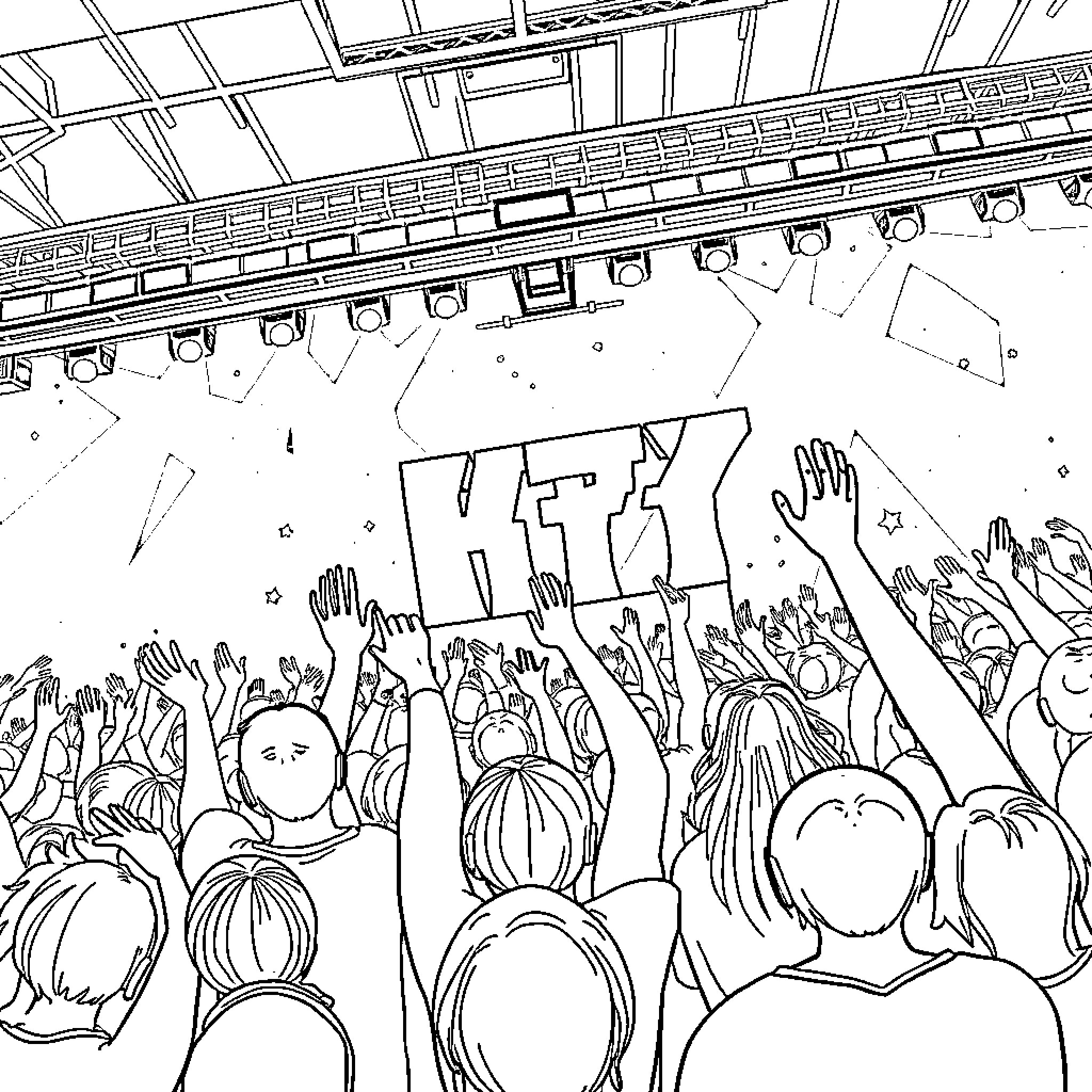 Kpop concert with energetic crowd and stage Coloring Page (free black-and-white line drawing printable PDF for all, from beginners to advanced learners, including children, teens, adults, and seniors)