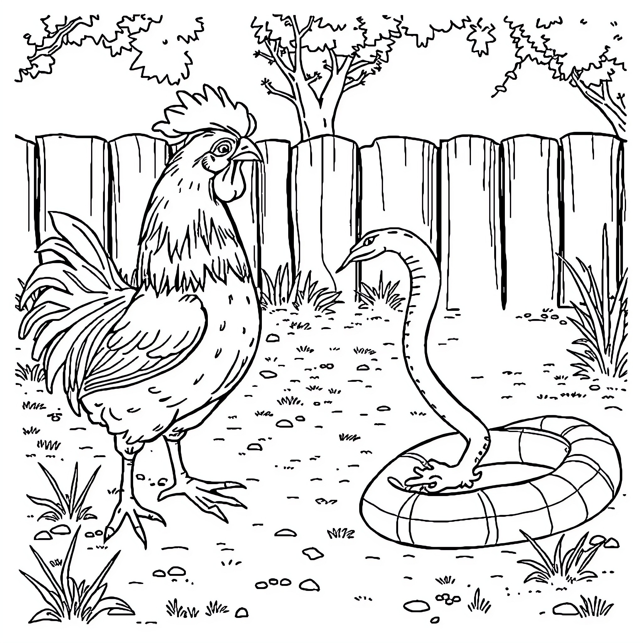 Chicken and Duck in Fenced Backyard Coloring Page (free black-and-white line drawing printable PDF for all, from beginners to advanced learners, including children, teens, adults, and seniors)