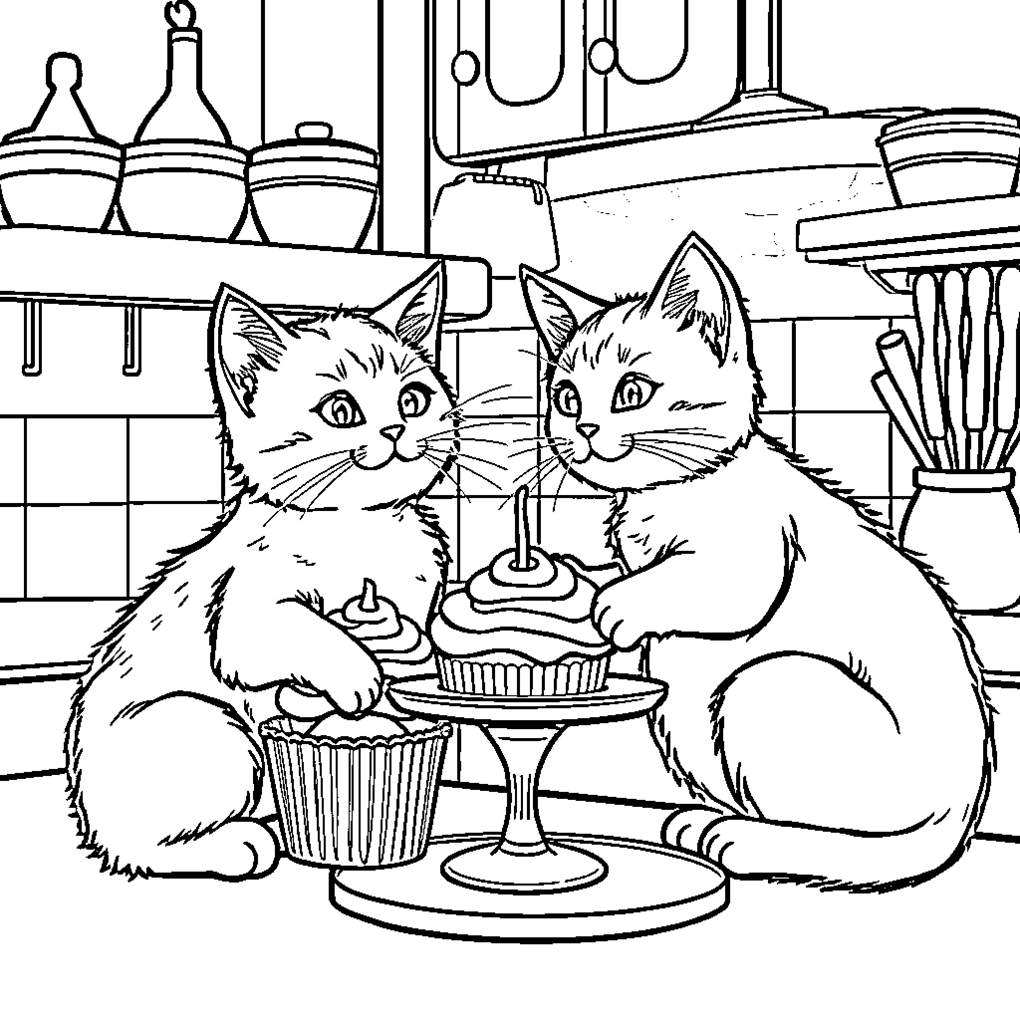 Kittens enjoying cupcakes in the kitchen Coloring Page (free black-and-white line drawing printable PDF for all, from beginners to advanced learners, including children, teens, adults, and seniors)