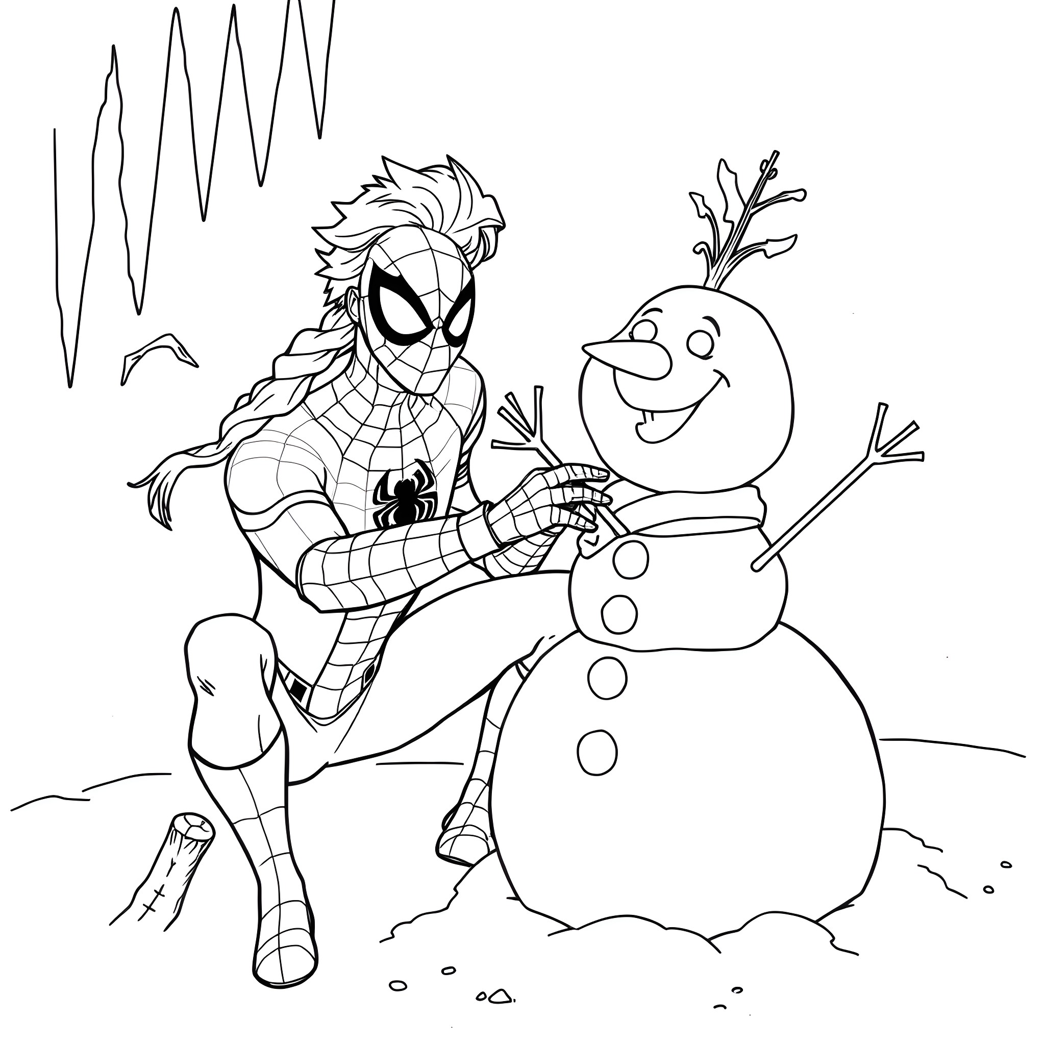 Elsa the Spiderling builds a snowy friend Coloring Page (free black-and-white line drawing printable PDF for all, from beginners to advanced learners, including children, teens, adults, and seniors)