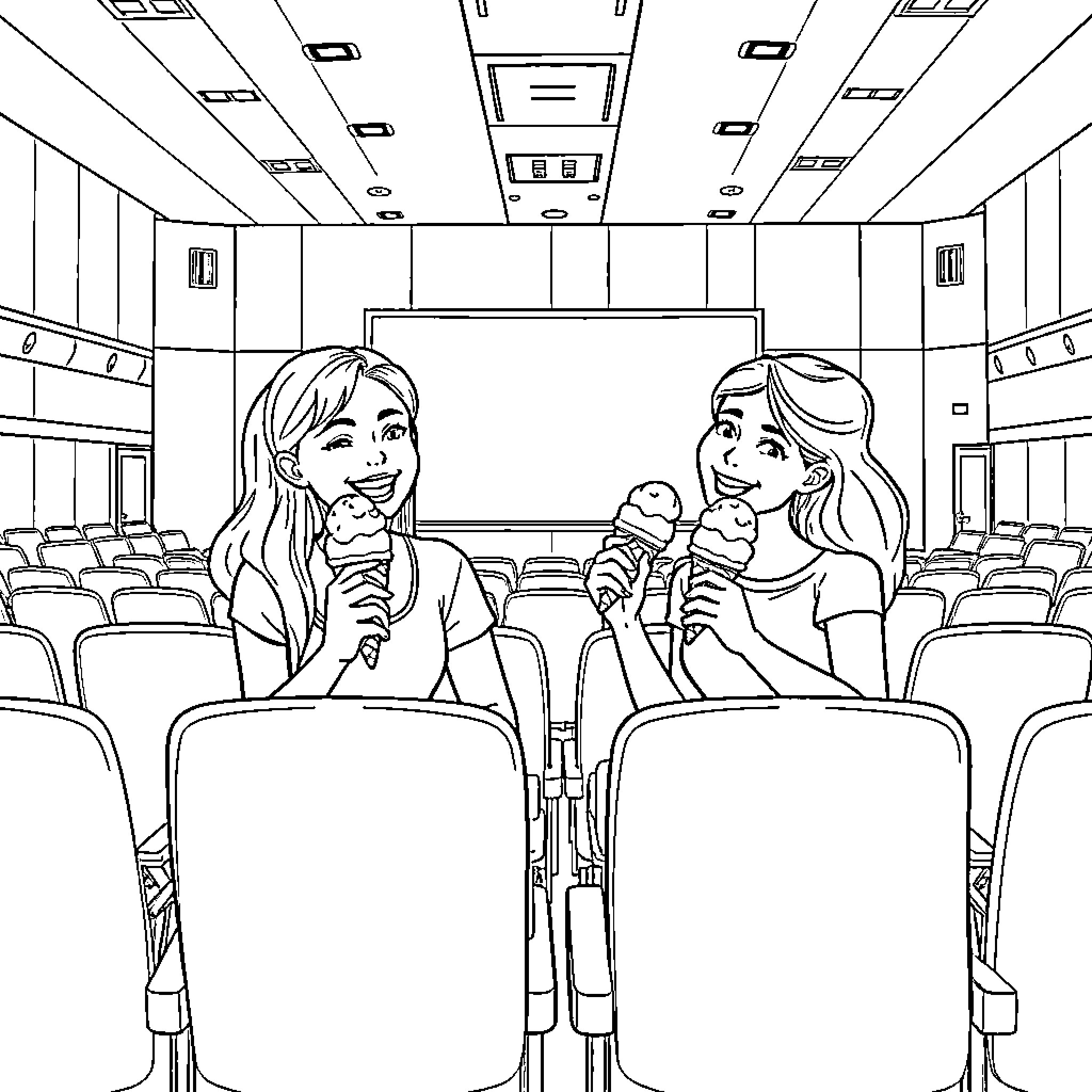 Friends Enjoying a Moment at the Theater Coloring Page (free black-and-white line drawing printable PDF for all, from beginners to advanced learners, including children, teens, adults, and seniors)