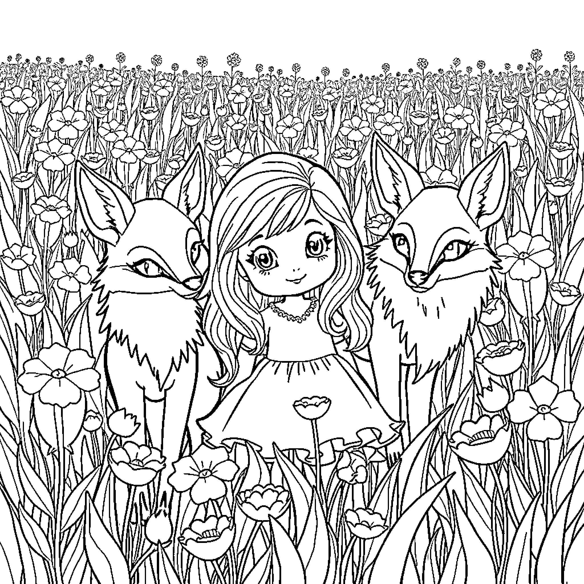 Bambina playing with friends in a flowery meadow Coloring Page (free black-and-white line drawing printable PDF for all, from beginners to advanced learners, including children, teens, adults, and seniors)