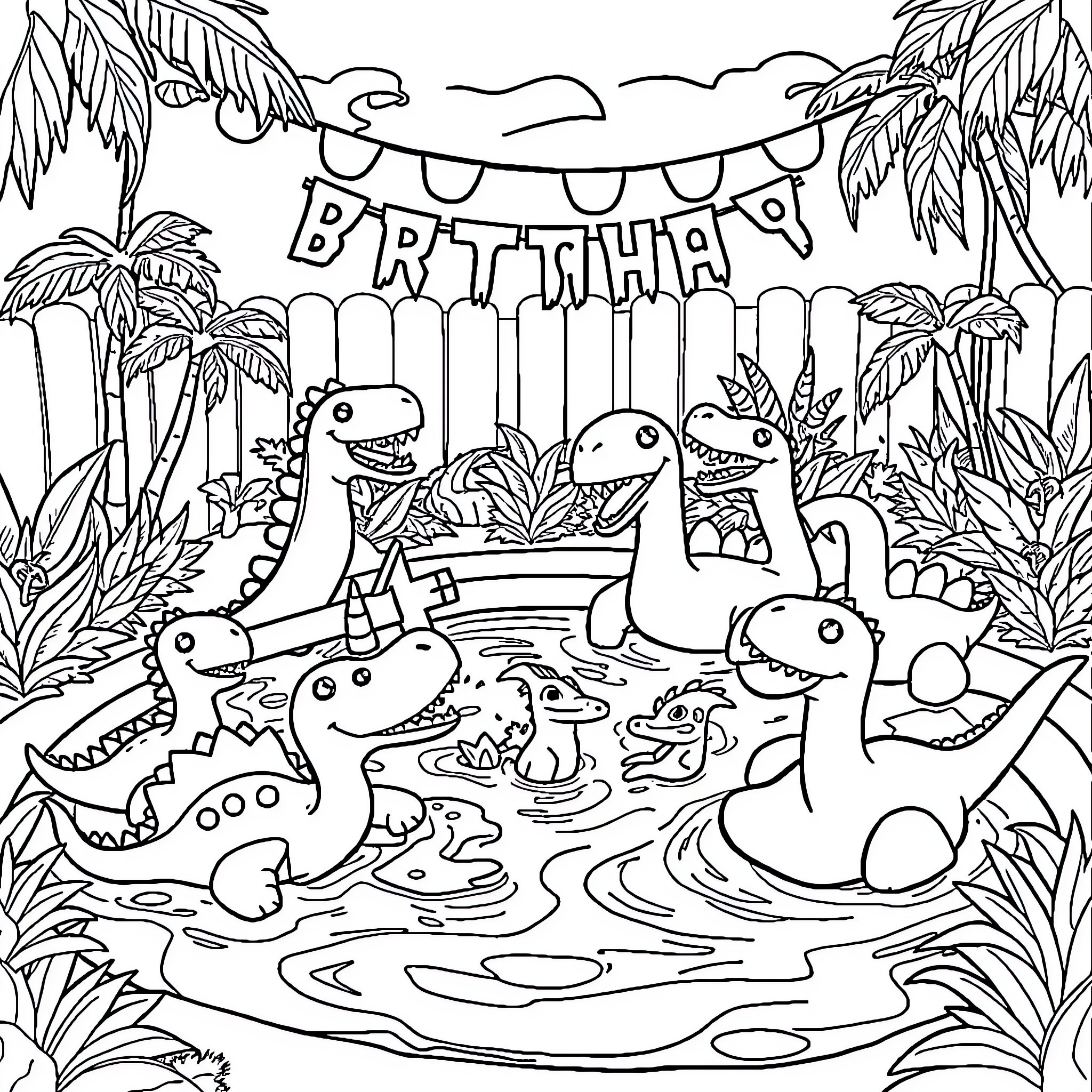 Dinosaur birthday party in the jungle Coloring Page (free black-and-white line drawing printable PDF for all, from beginners to advanced learners, including children, teens, adults, and seniors)