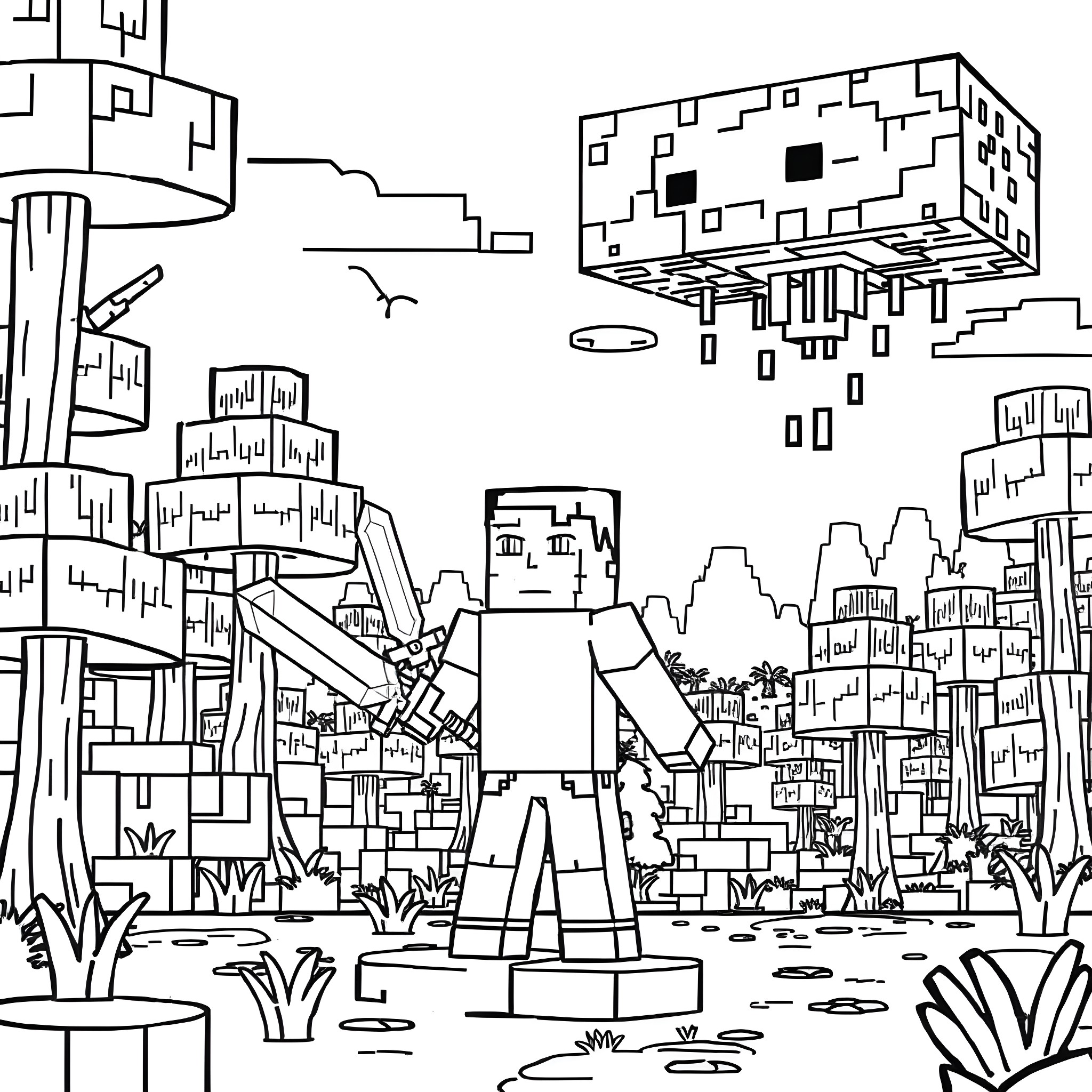 Steve exploring the futuristic city landscape Coloring Page (free black-and-white line drawing printable PDF for all, from beginners to advanced learners, including children, teens, adults, and seniors)