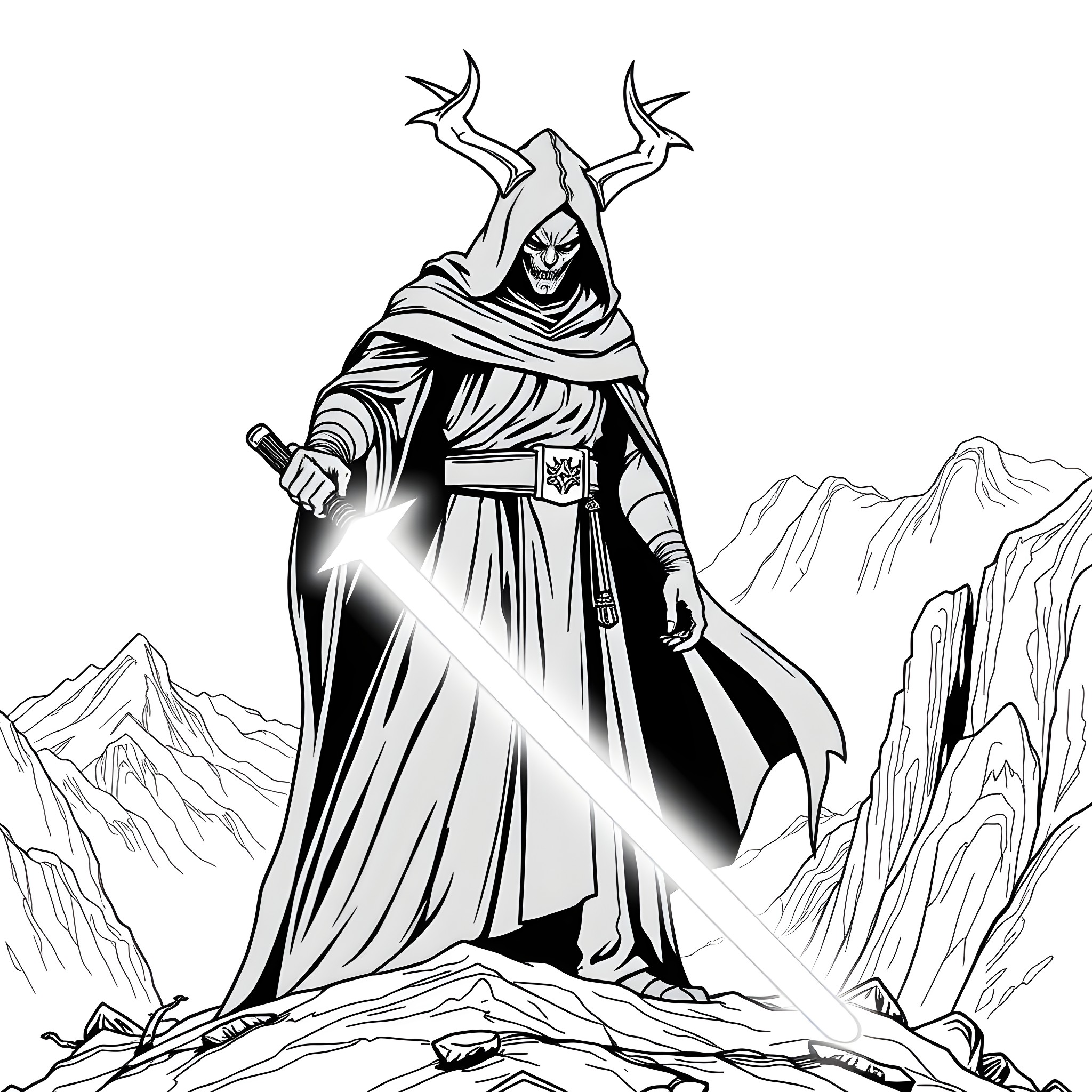 Nazgul Wraith wielding Sword in Desolate Landscape Coloring Page (free black-and-white line drawing printable PDF for all, from beginners to advanced learners, including children, teens, adults, and seniors)