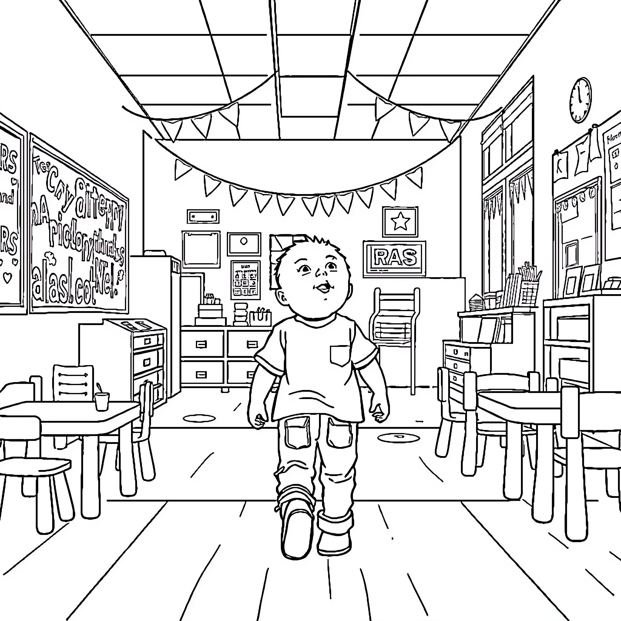 Child exploring a classroom setting Coloring Page (free black-and-white line drawing printable PDF for all, from beginners to advanced learners, including children, teens, adults, and seniors)
