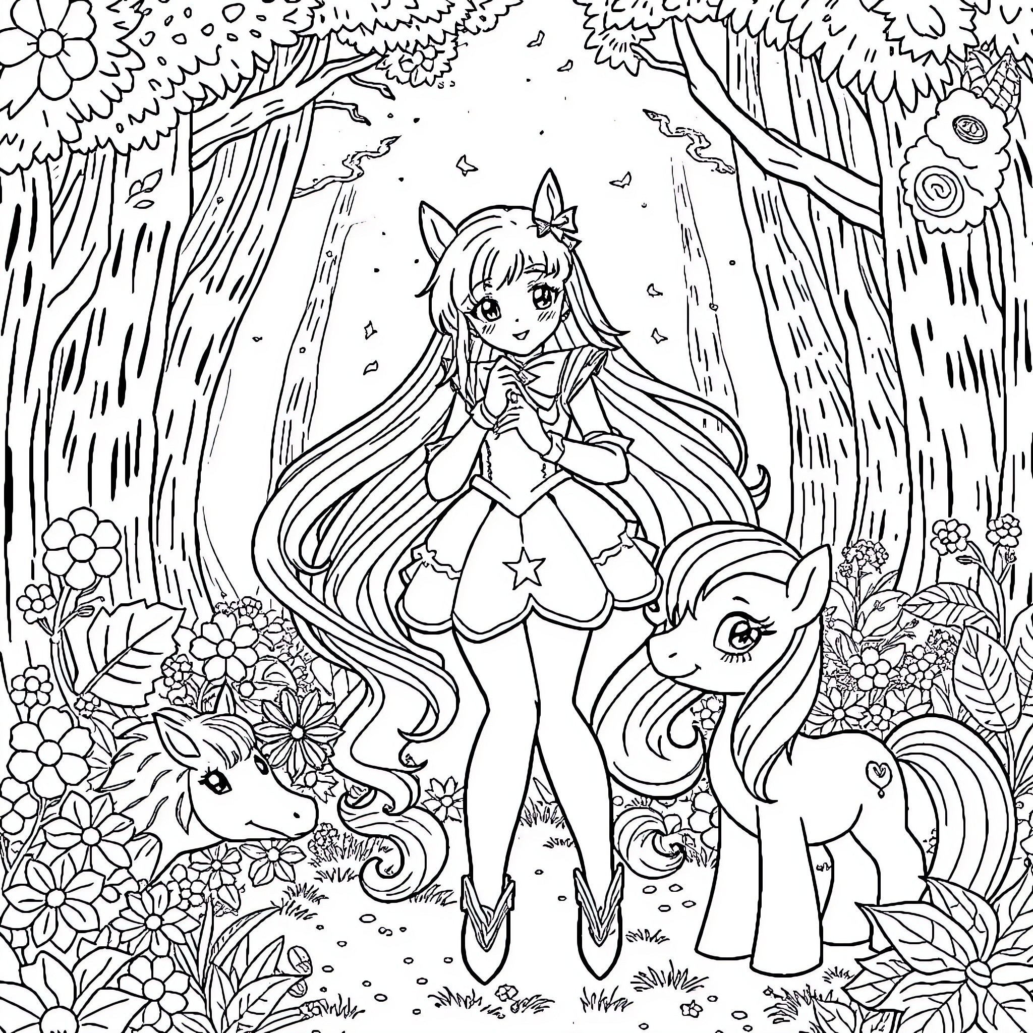 Sailormoon in magical forest with fantasy creatures Coloring Page (free black-and-white line drawing printable PDF for all, from beginners to advanced learners, including children, teens, adults, and seniors)