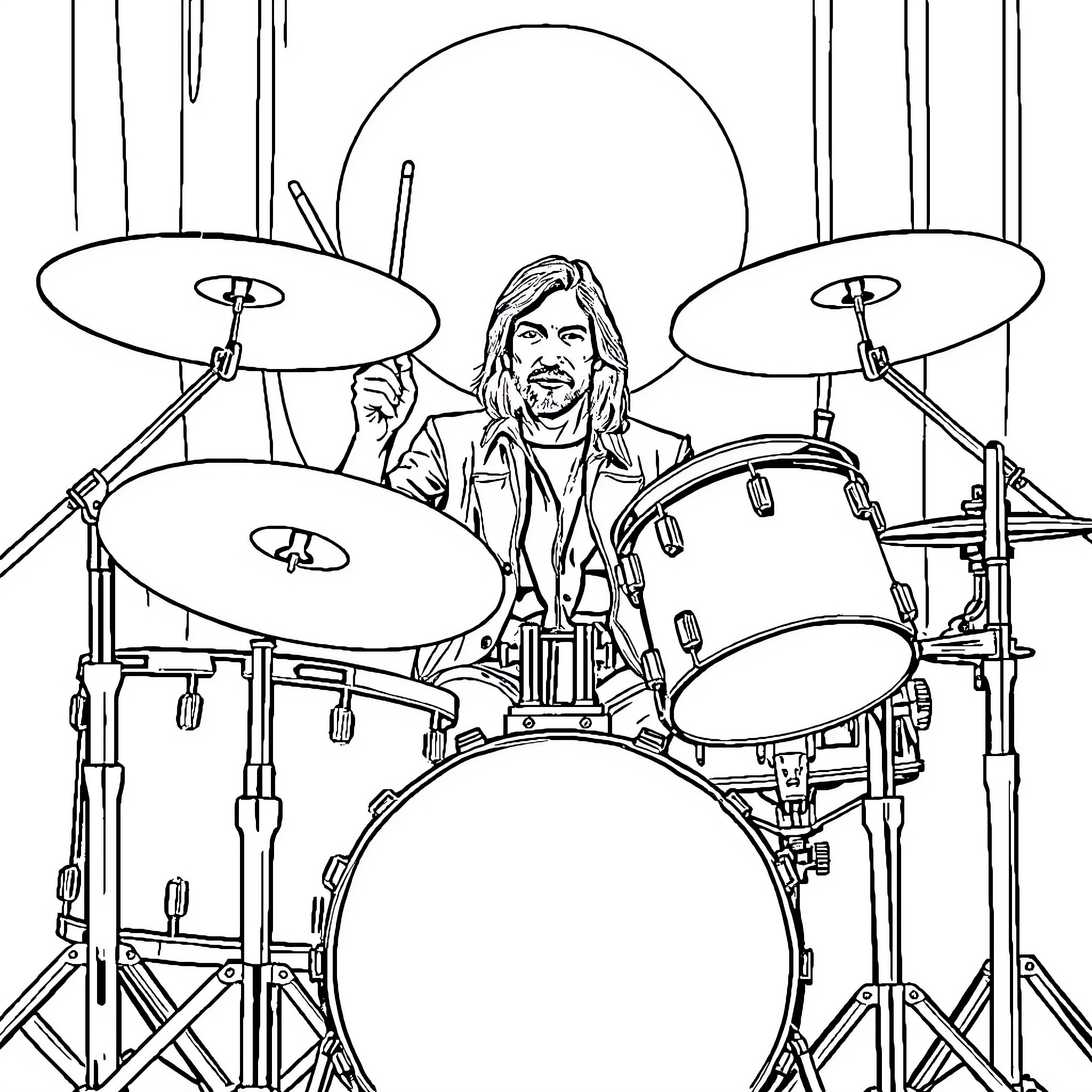 Neil Peart playing the drums on stage Coloring Page (free black-and-white line drawing printable PDF for all, from beginners to advanced learners, including children, teens, adults, and seniors)