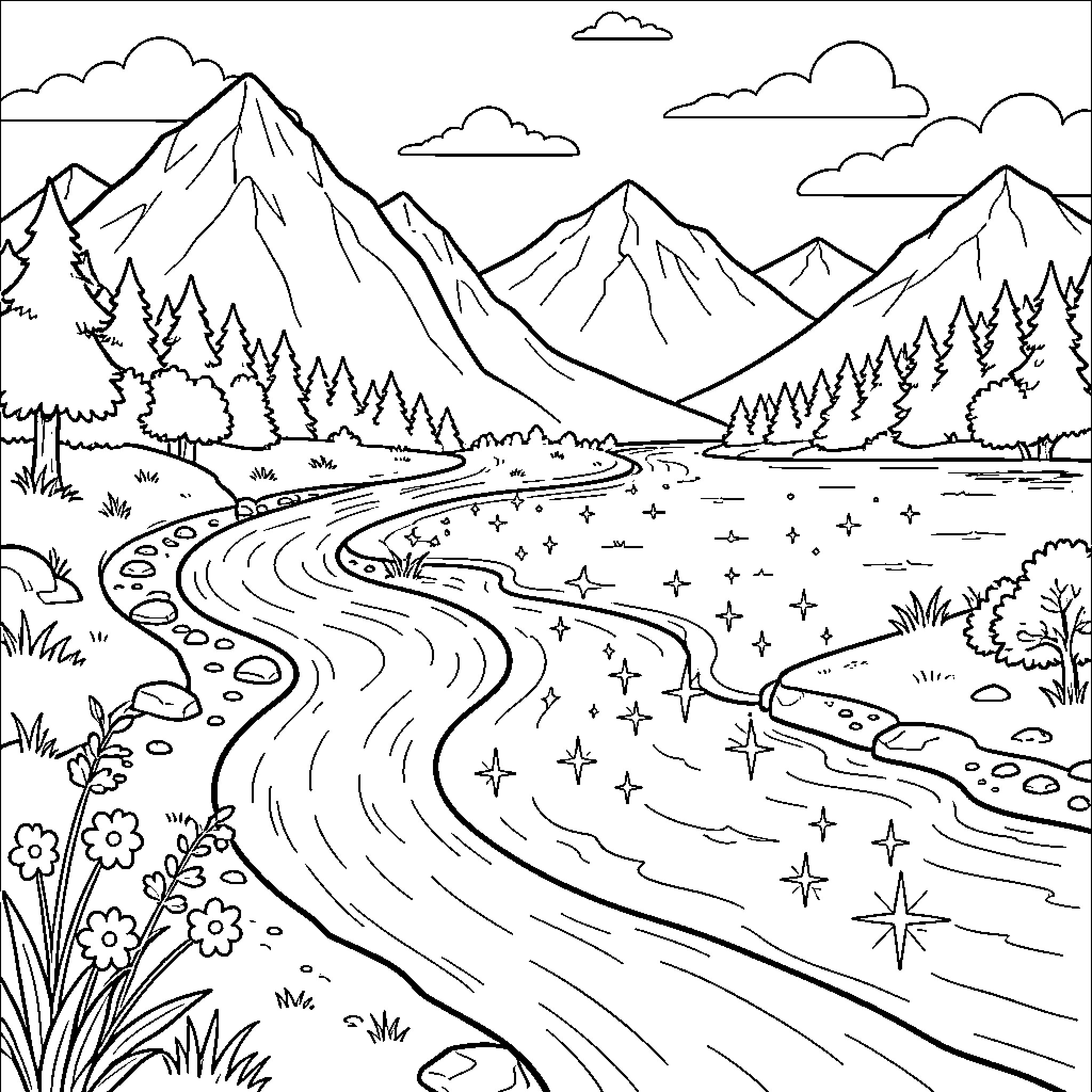 River flowing through serene mountain landscape Coloring Page (free black-and-white line drawing printable PDF for all, from beginners to advanced learners, including children, teens, adults, and seniors)