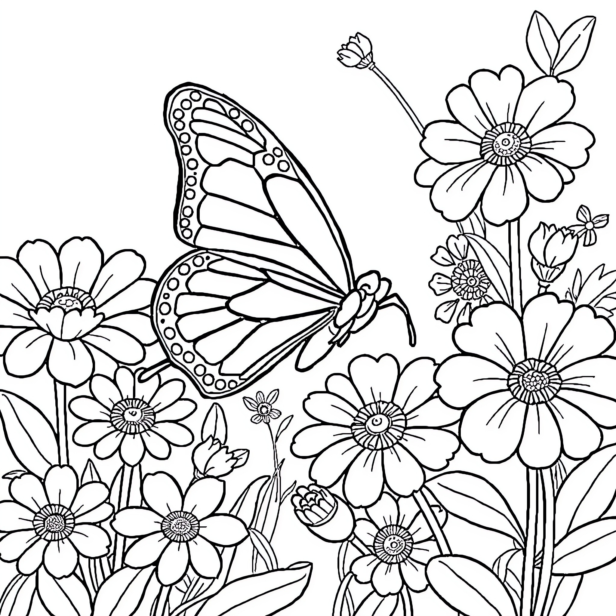 Butterfly among beautiful flowers Coloring Page (free black-and-white line drawing printable PDF for all, from beginners to advanced learners, including children, teens, adults, and seniors)