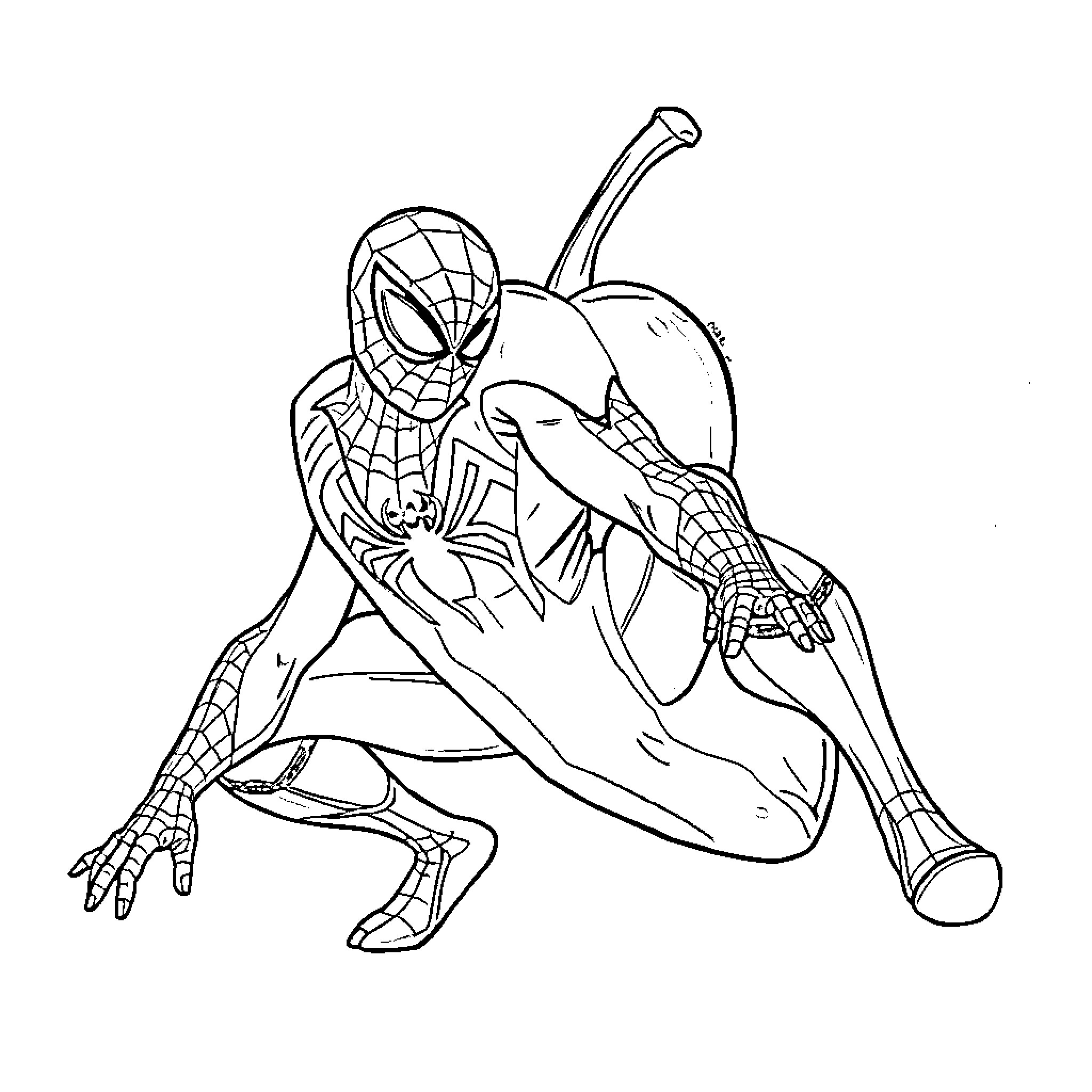 Spiderman heroically swinging into action Coloring Page (free black-and-white line drawing printable PDF for all, from beginners to advanced learners, including children, teens, adults, and seniors)
