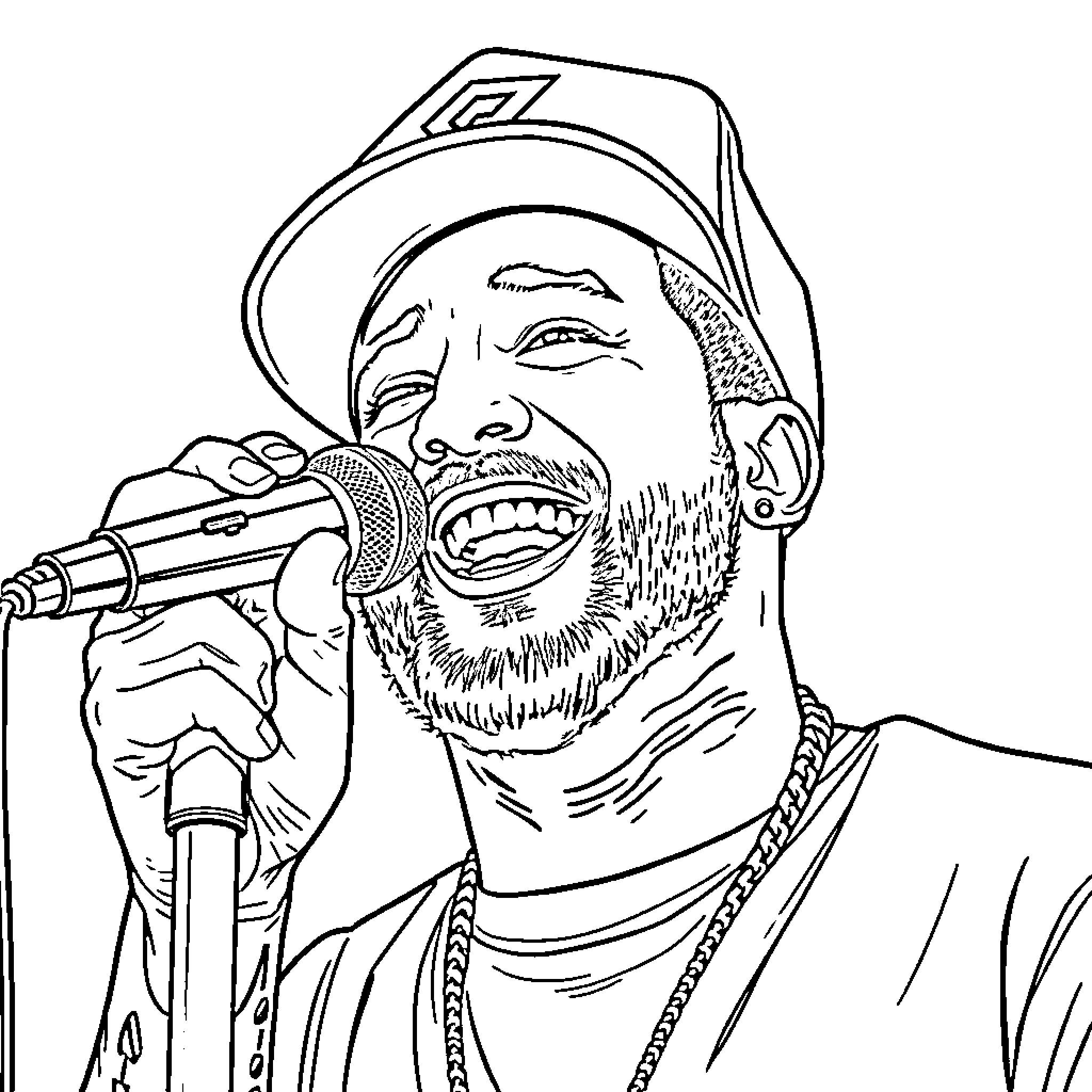 Mac Miller performing with energy and intensity Coloring Page (free black-and-white line drawing printable PDF for all, from beginners to advanced learners, including children, teens, adults, and seniors)