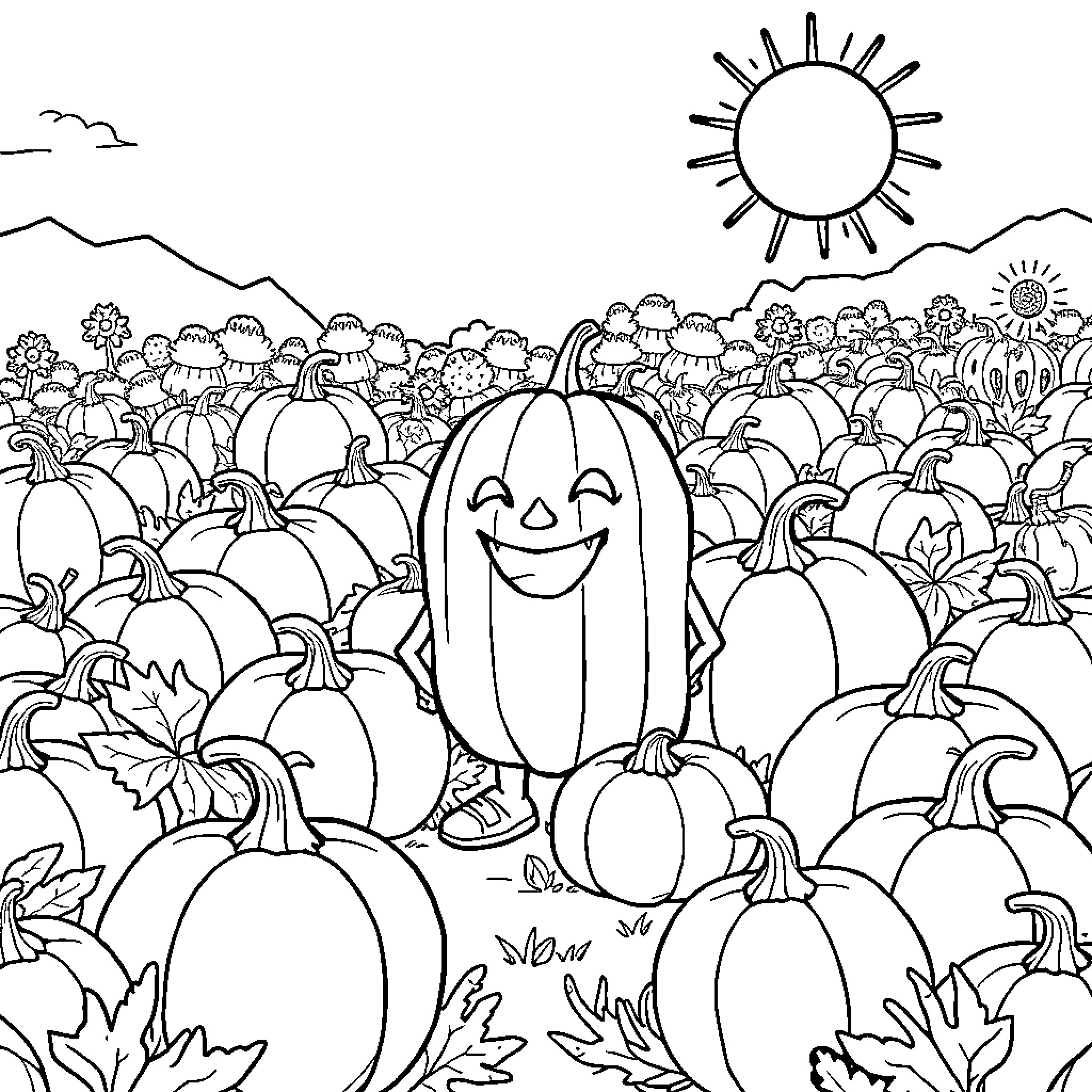Pumpkin patch filled with happy pumpkins in nature Coloring Page (free black-and-white line drawing printable PDF for all, from beginners to advanced learners, including children, teens, adults, and seniors)