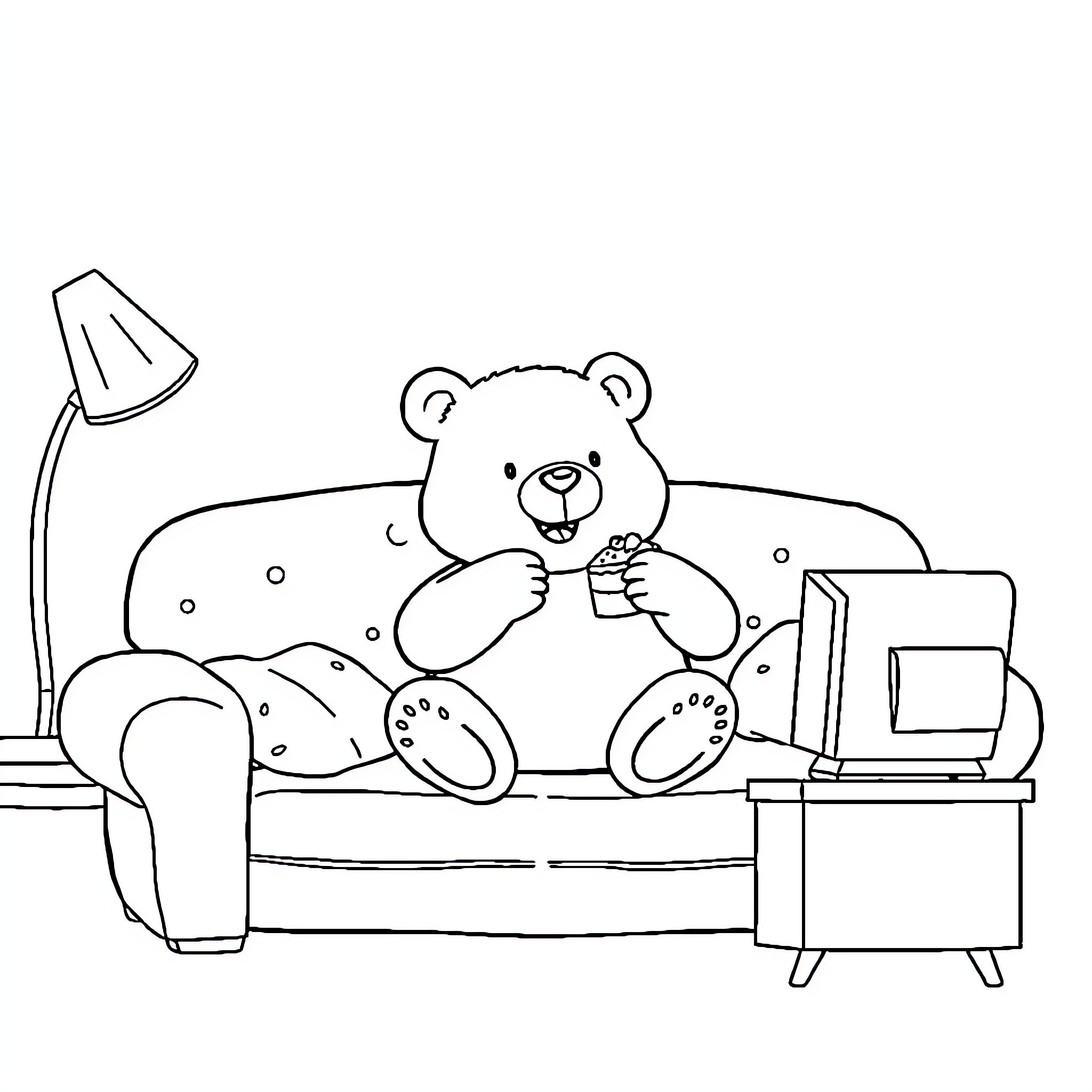 Bear relaxing comfortably on the sofa Coloring Page (free black-and-white line drawing printable PDF for all, from beginners to advanced learners, including children, teens, adults, and seniors)