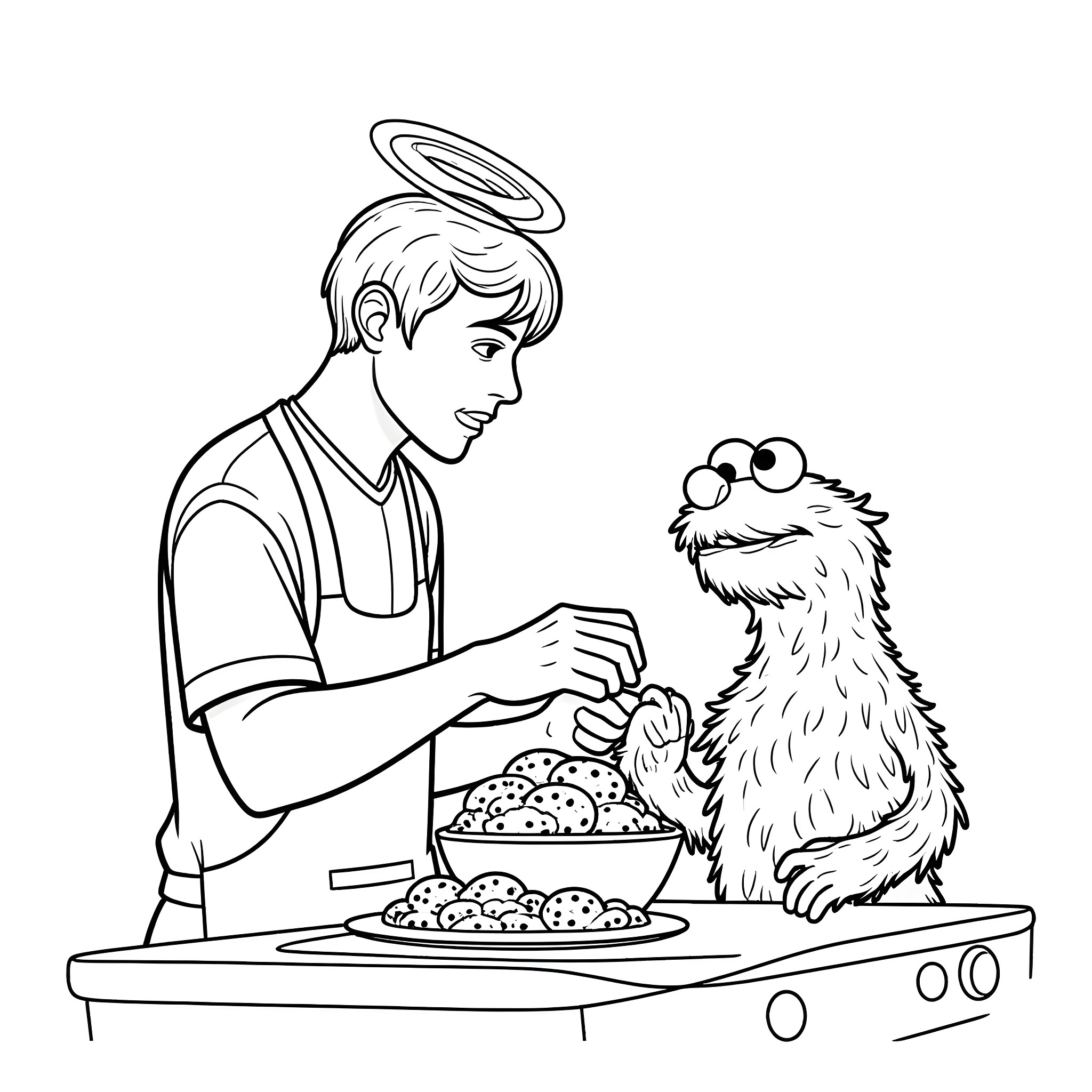 Dad Bakes Cookies with Furry Friend Coloring Page (free black-and-white line drawing printable PDF for all, from beginners to advanced learners, including children, teens, adults, and seniors)