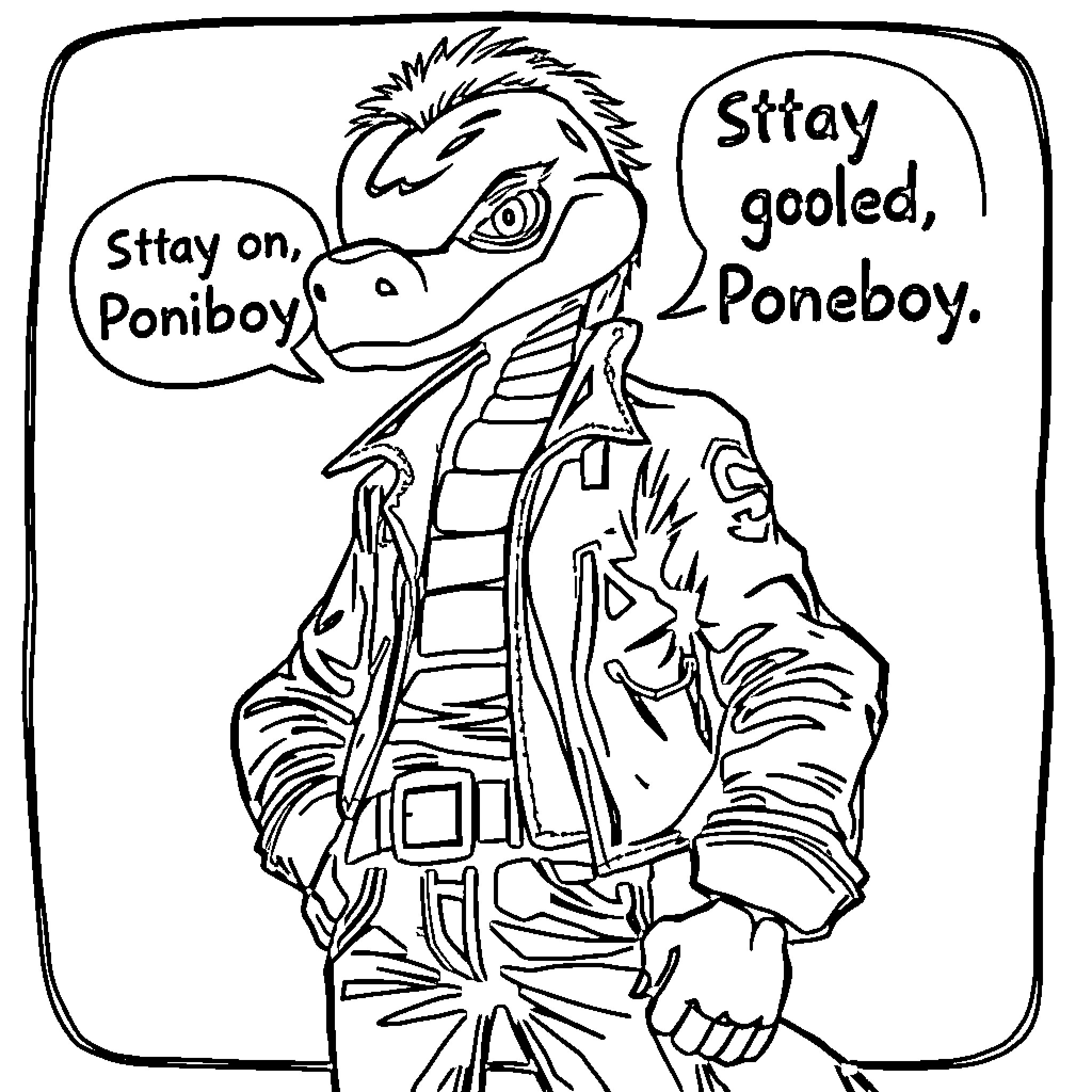 Cobra character with punk-inspired outfit and speech bubbles Coloring Page (free black-and-white line drawing printable PDF for all, from beginners to advanced learners, including children, teens, adults, and seniors)