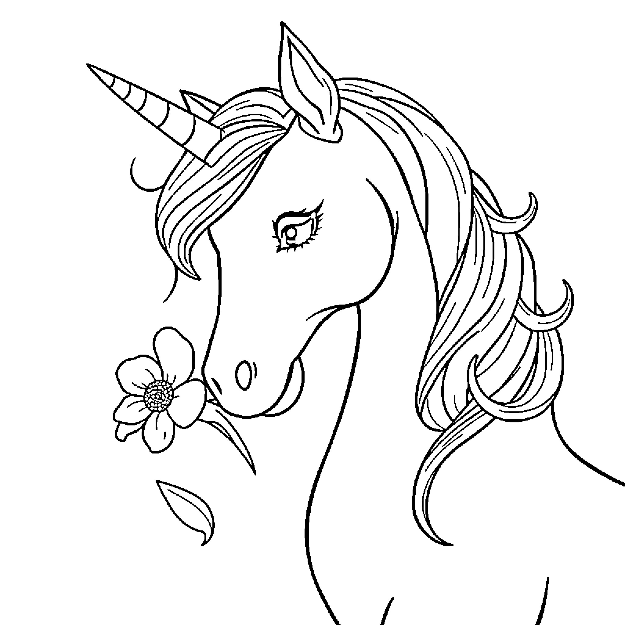 Unicorn with floral decorations and flowing mane Coloring Page (free black-and-white line drawing printable PDF for all, from beginners to advanced learners, including children, teens, adults, and seniors)