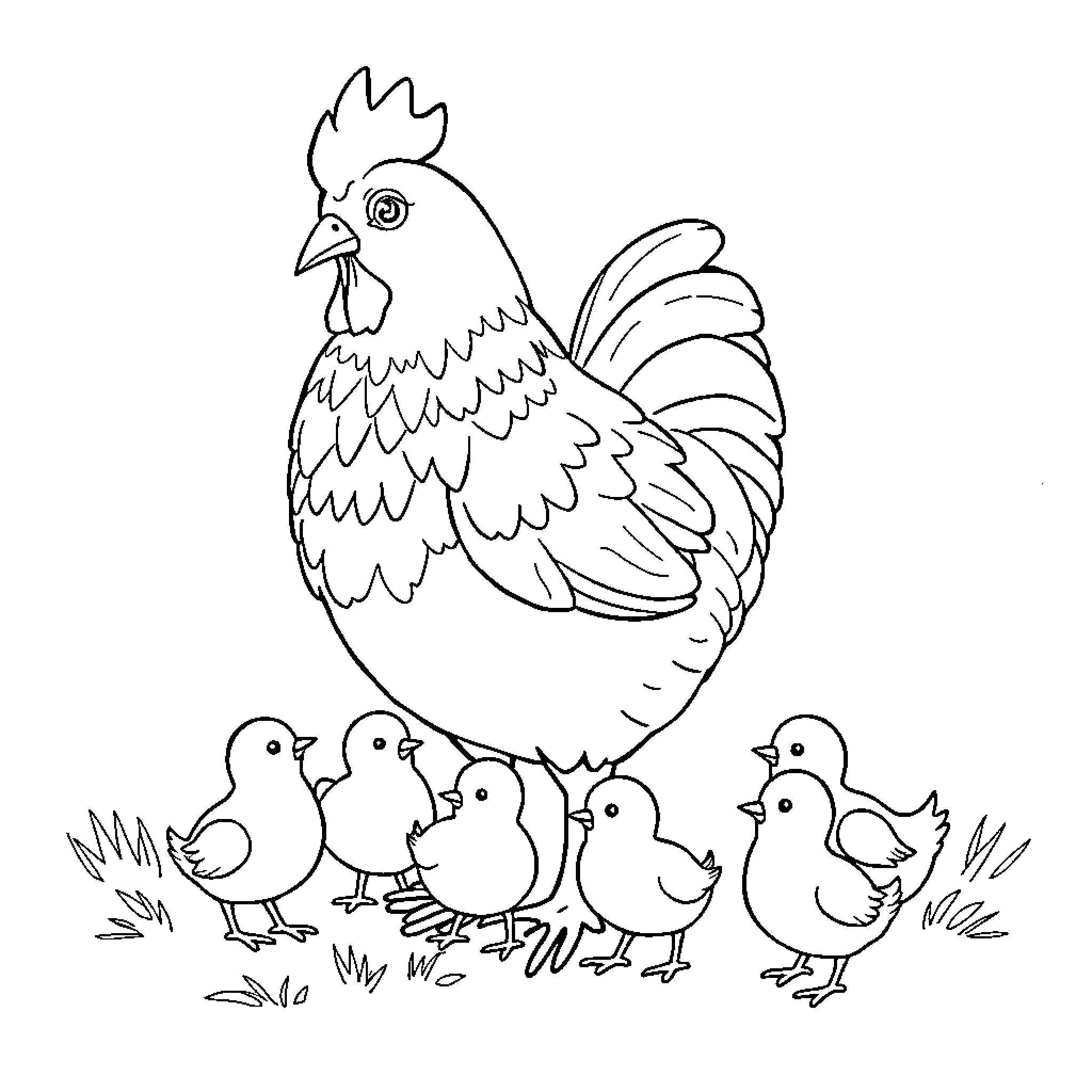 Hen leading her chicks in the field Coloring Page (free black-and-white line drawing printable PDF for all, from beginners to advanced learners, including children, teens, adults, and seniors)
