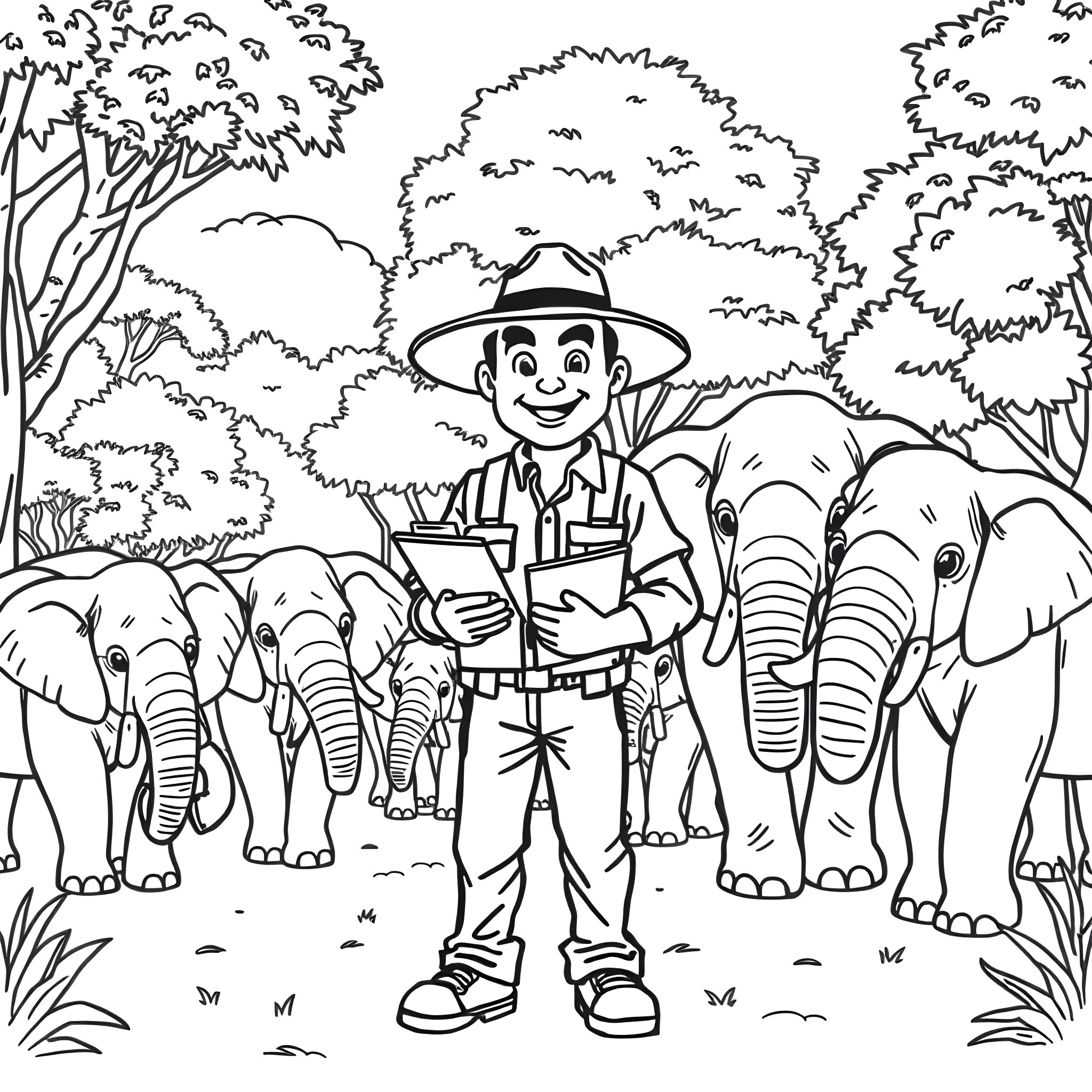 Zookeeper leading a group of elephants in the wild Coloring Page (free black-and-white line drawing printable PDF for all, from beginners to advanced learners, including children, teens, adults, and seniors)