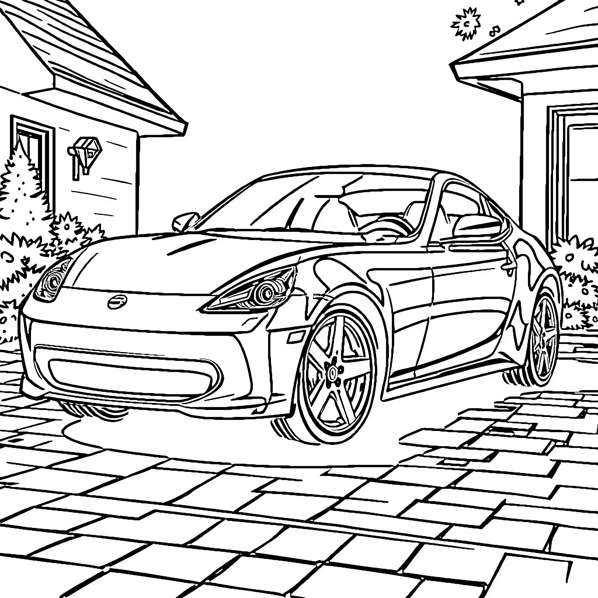 Car parked in front of house Coloring Page (free black-and-white line drawing printable PDF for all, from beginners to advanced learners, including children, teens, adults, and seniors)
