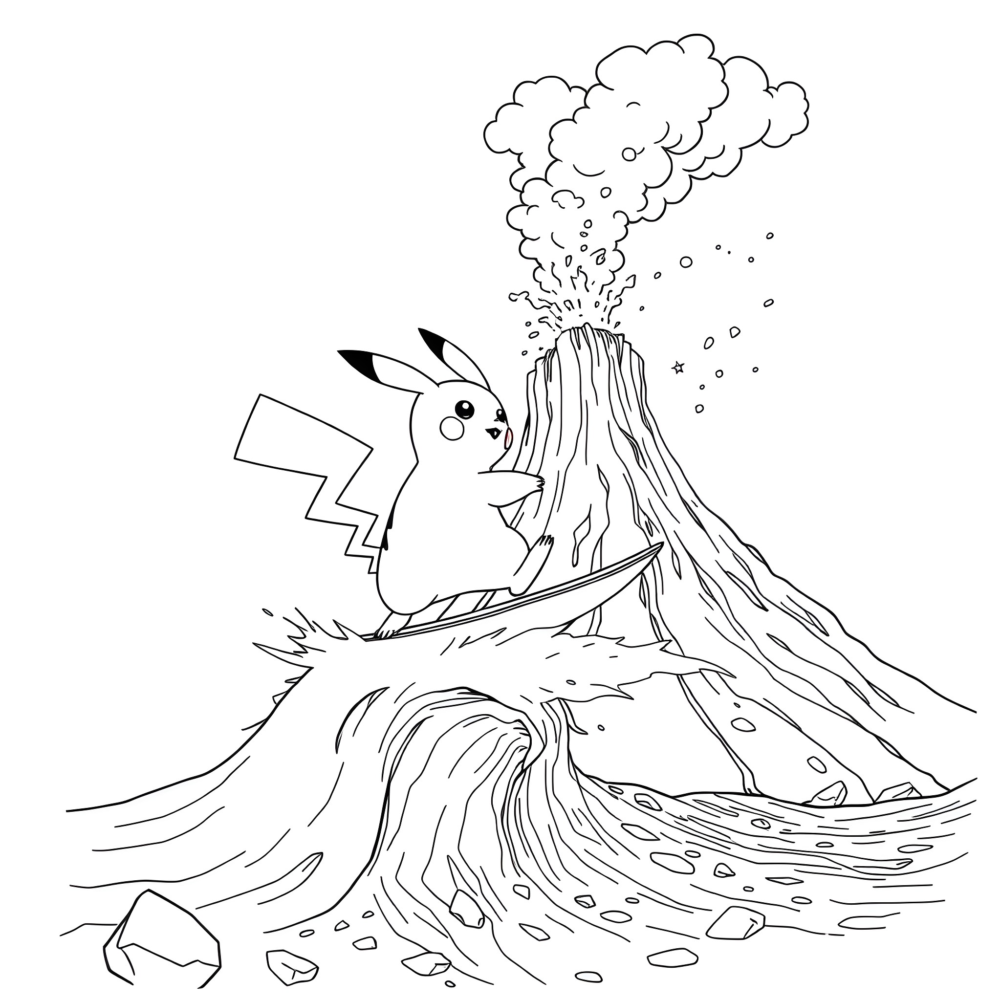 Pikachu exploring volcanic eruption scenery Coloring Page (free black-and-white line drawing printable PDF for all, from beginners to advanced learners, including children, teens, adults, and seniors)