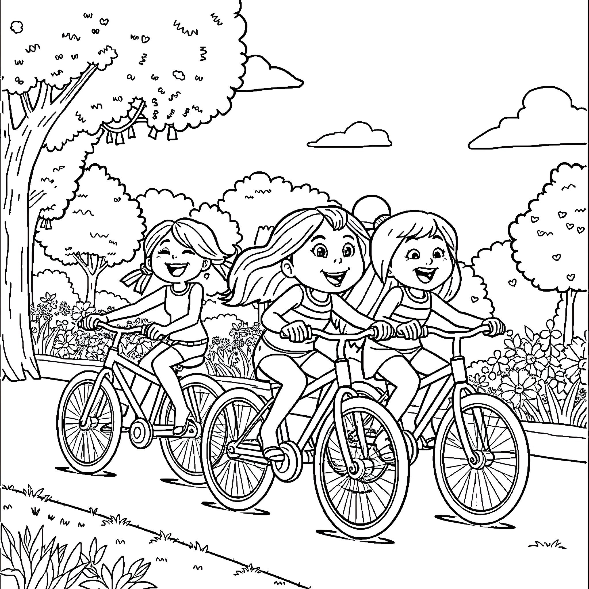 Character Enjoying Bike Ride with Friends in Nature Coloring Page (free black-and-white line drawing printable PDF for all, from beginners to advanced learners, including children, teens, adults, and seniors)