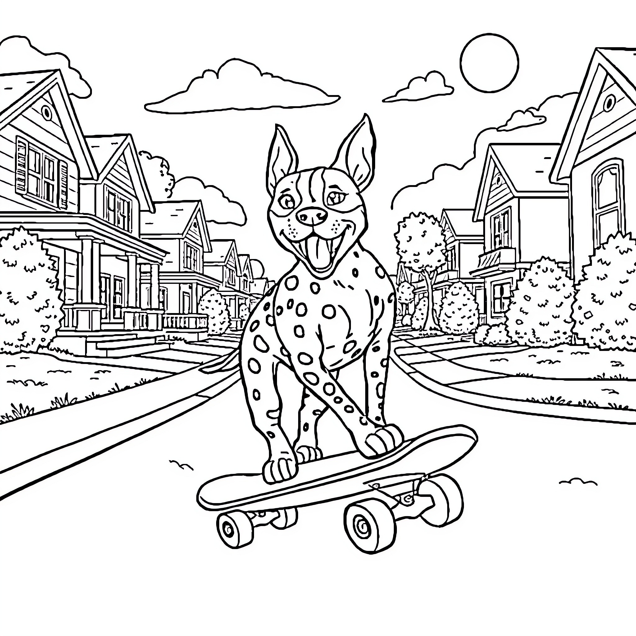 Pitbull riding skateboard through neighborhood Coloring Page (free black-and-white line drawing printable PDF for all, from beginners to advanced learners, including children, teens, adults, and seniors)