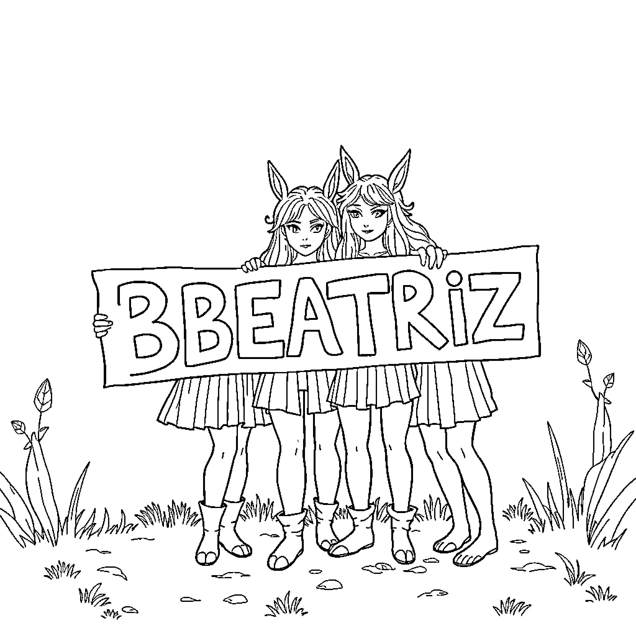 Huntrix Duo Holds Vibrant Banner Coloring Page (free black-and-white line drawing printable PDF for all, from beginners to advanced learners, including children, teens, adults, and seniors)