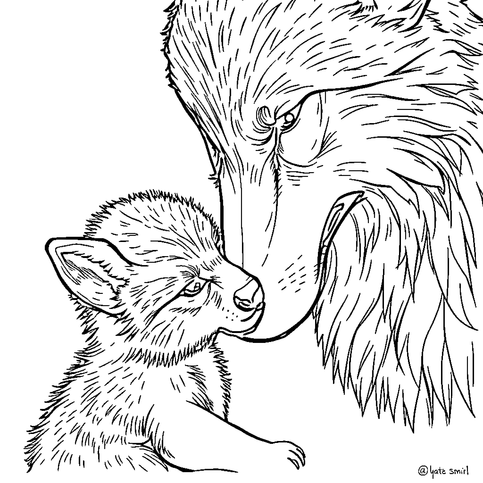 Wolf cub with its protective parent Coloring Page (free black-and-white line drawing printable PDF for all, from beginners to advanced learners, including children, teens, adults, and seniors)