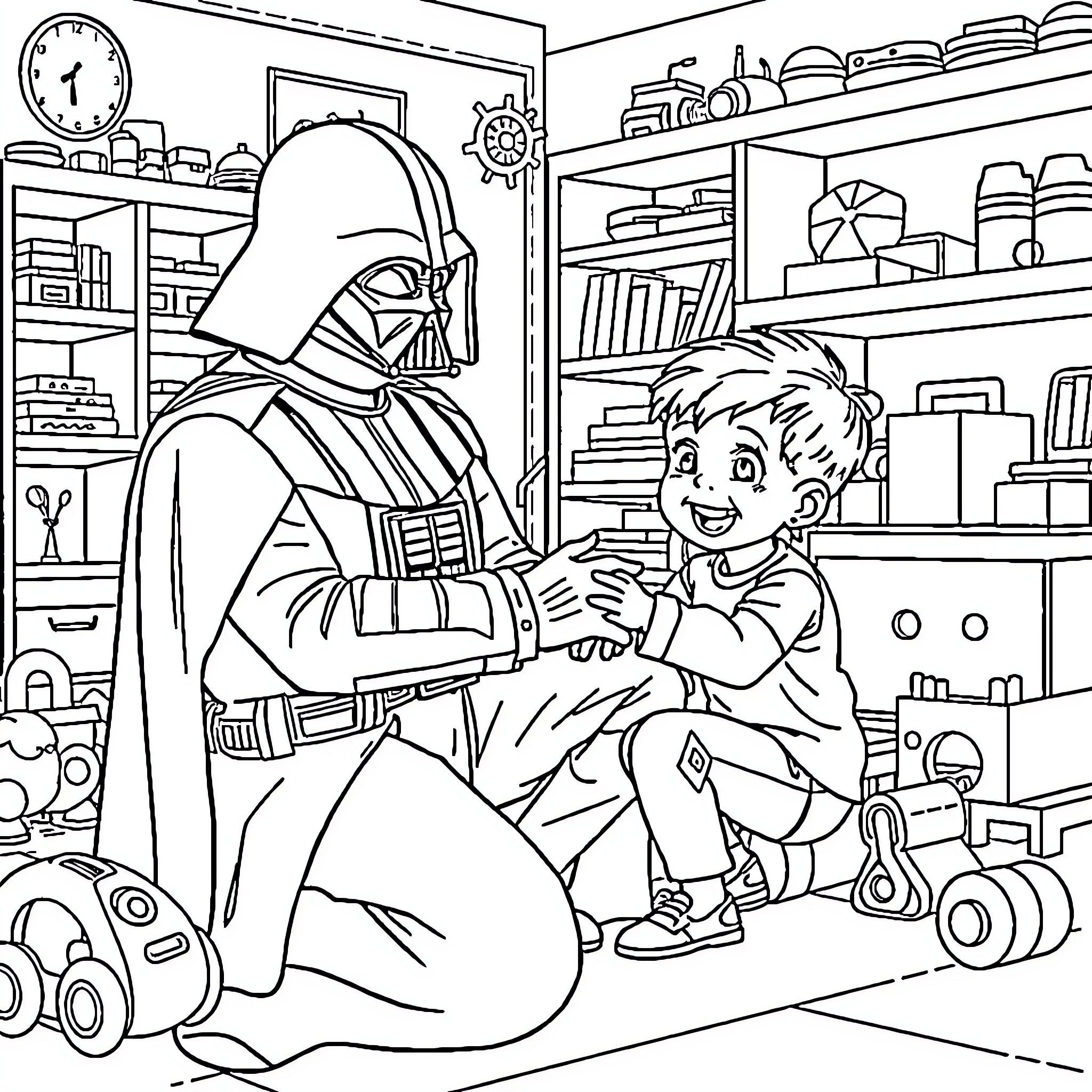 Darth Vader comforting a young boy in a cluttered room Coloring Page (free black-and-white line drawing printable PDF for all, from beginners to advanced learners, including children, teens, adults, and seniors)