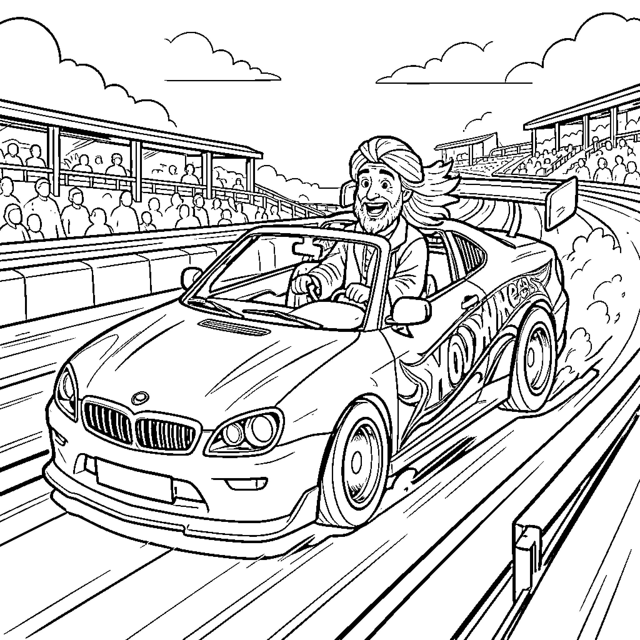 Rumi's Thrilling Race Car Adventure Coloring Page (free black-and-white line drawing printable PDF for all, from beginners to advanced learners, including children, teens, adults, and seniors)