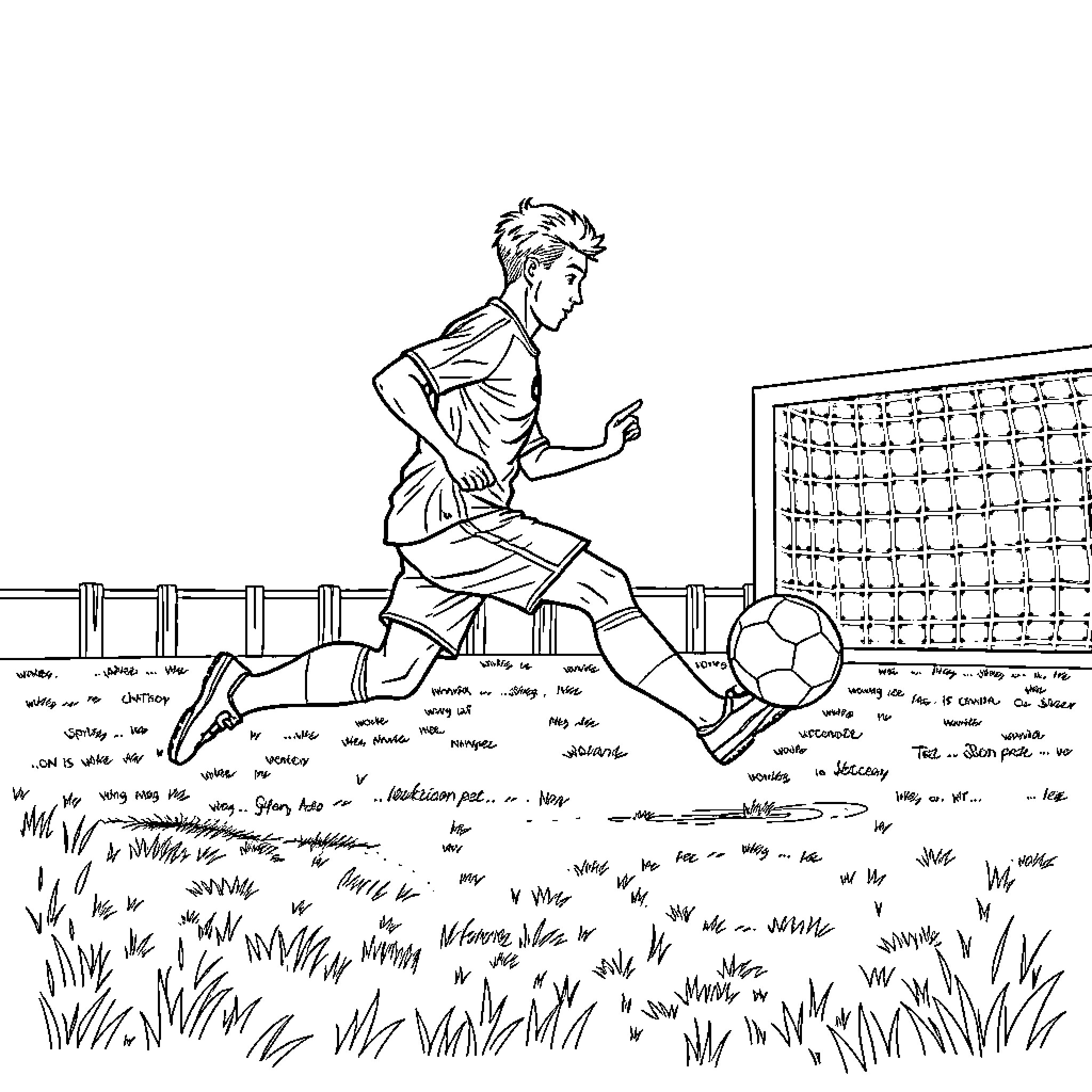 Soccer Player Running and Kicking Ball on Field Coloring Page (free black-and-white line drawing printable PDF for all, from beginners to advanced learners, including children, teens, adults, and seniors)