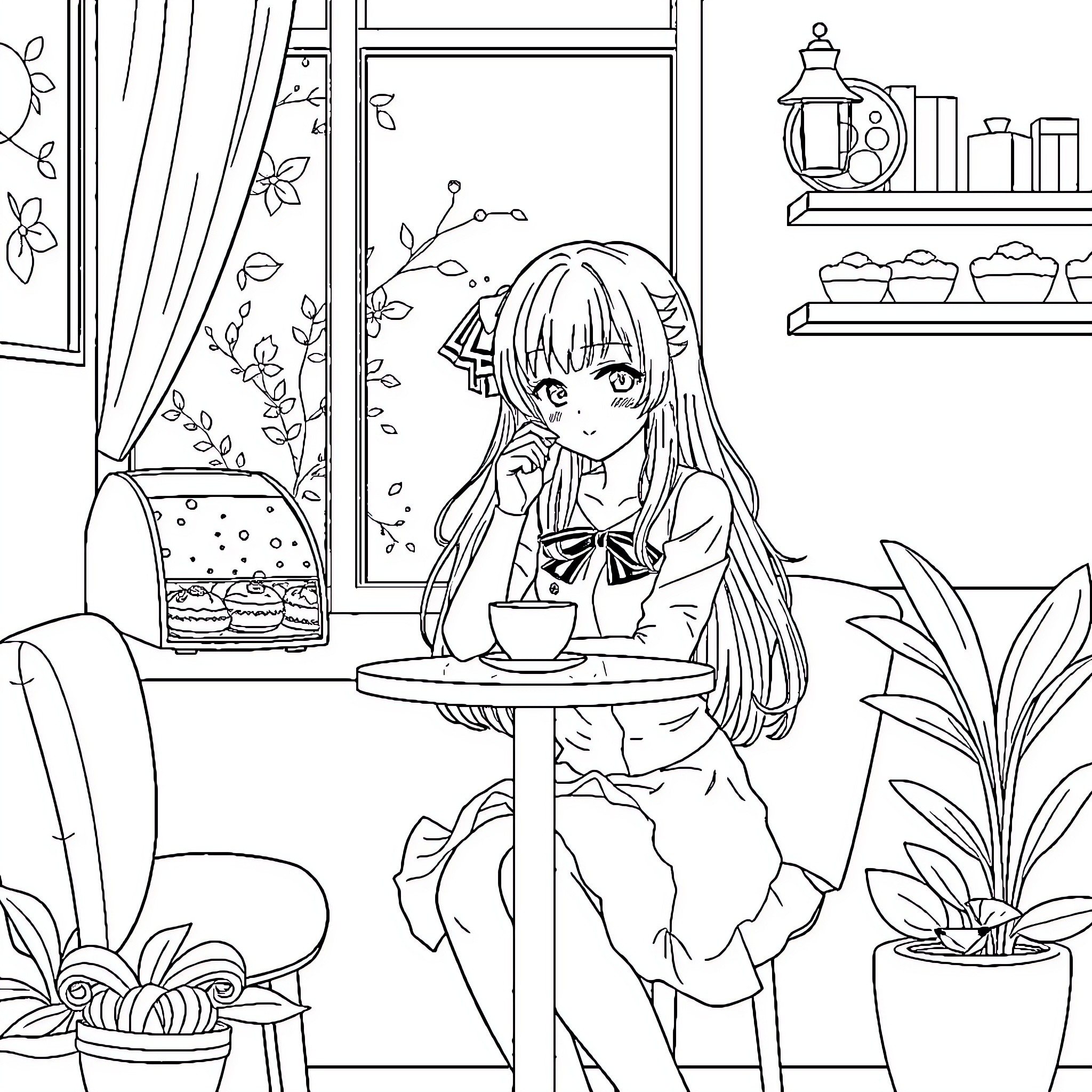 Sakura Enjoys a Cozy Moment in the Café Coloring Page (free black-and-white line drawing printable PDF for all, from beginners to advanced learners, including children, teens, adults, and seniors)