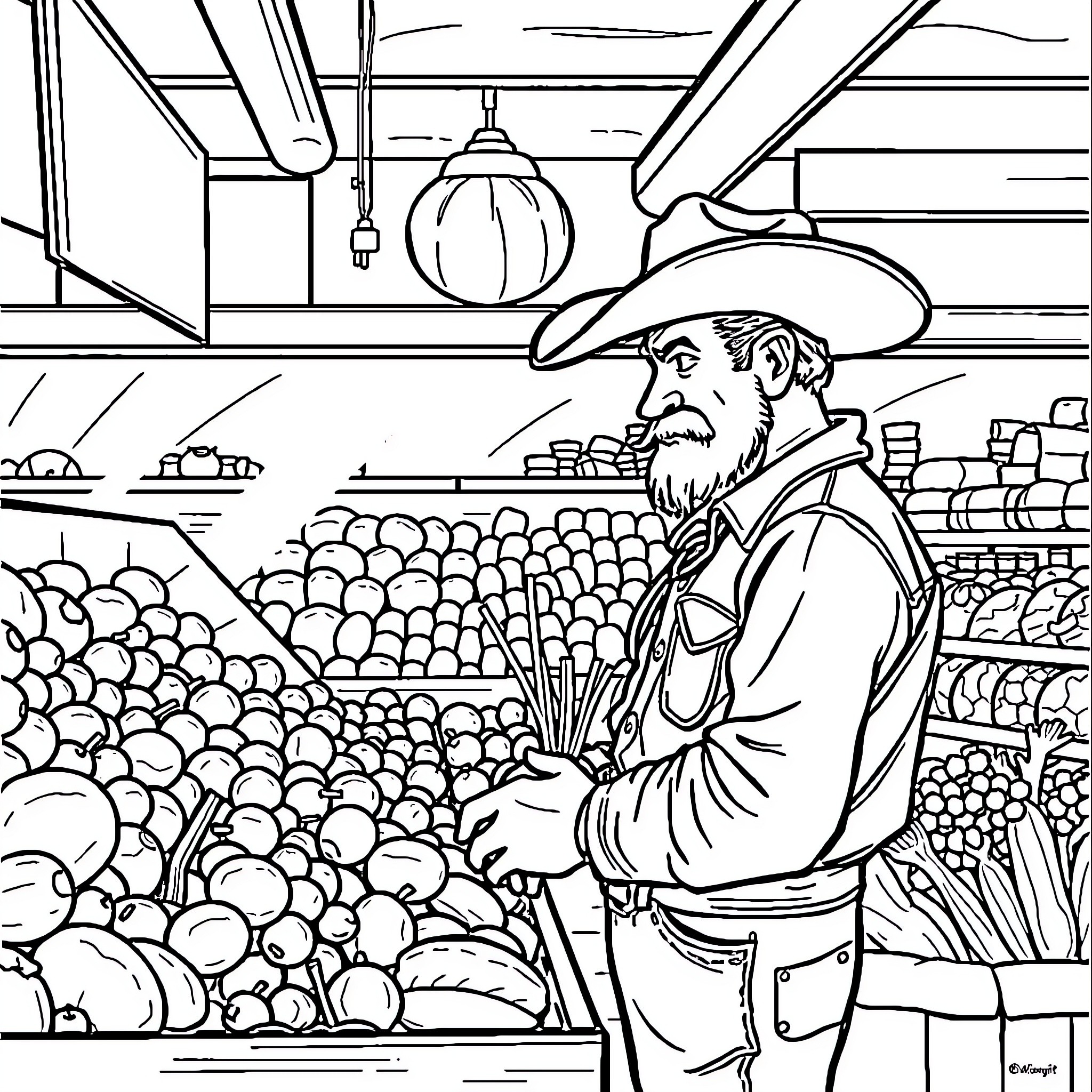 Cowboy Running a Produce Store in a Small Town Coloring Page (free black-and-white line drawing printable PDF for all, from beginners to advanced learners, including children, teens, adults, and seniors)
