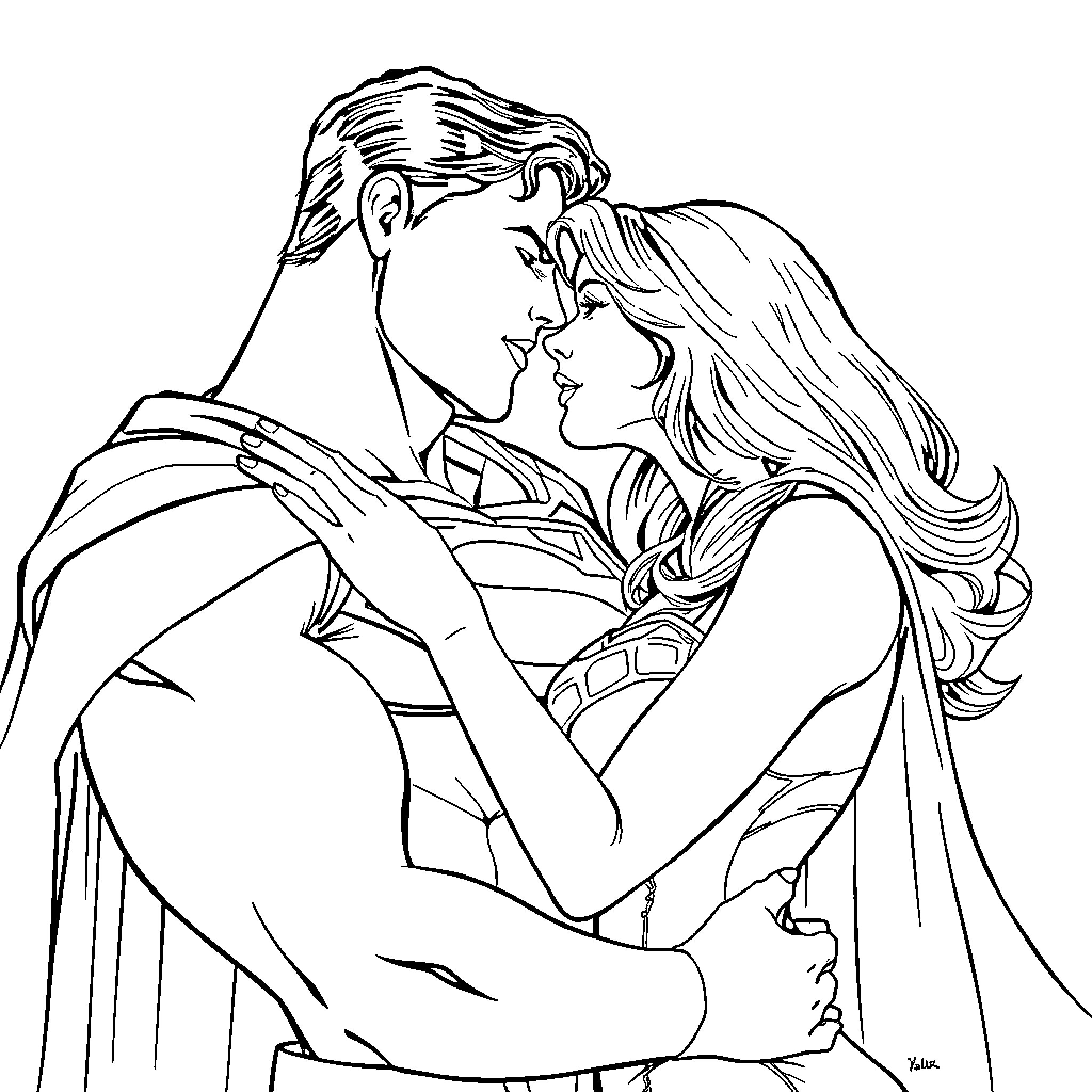 Superman embracing a loving companion Coloring Page (free black-and-white line drawing printable PDF for all, from beginners to advanced learners, including children, teens, adults, and seniors)