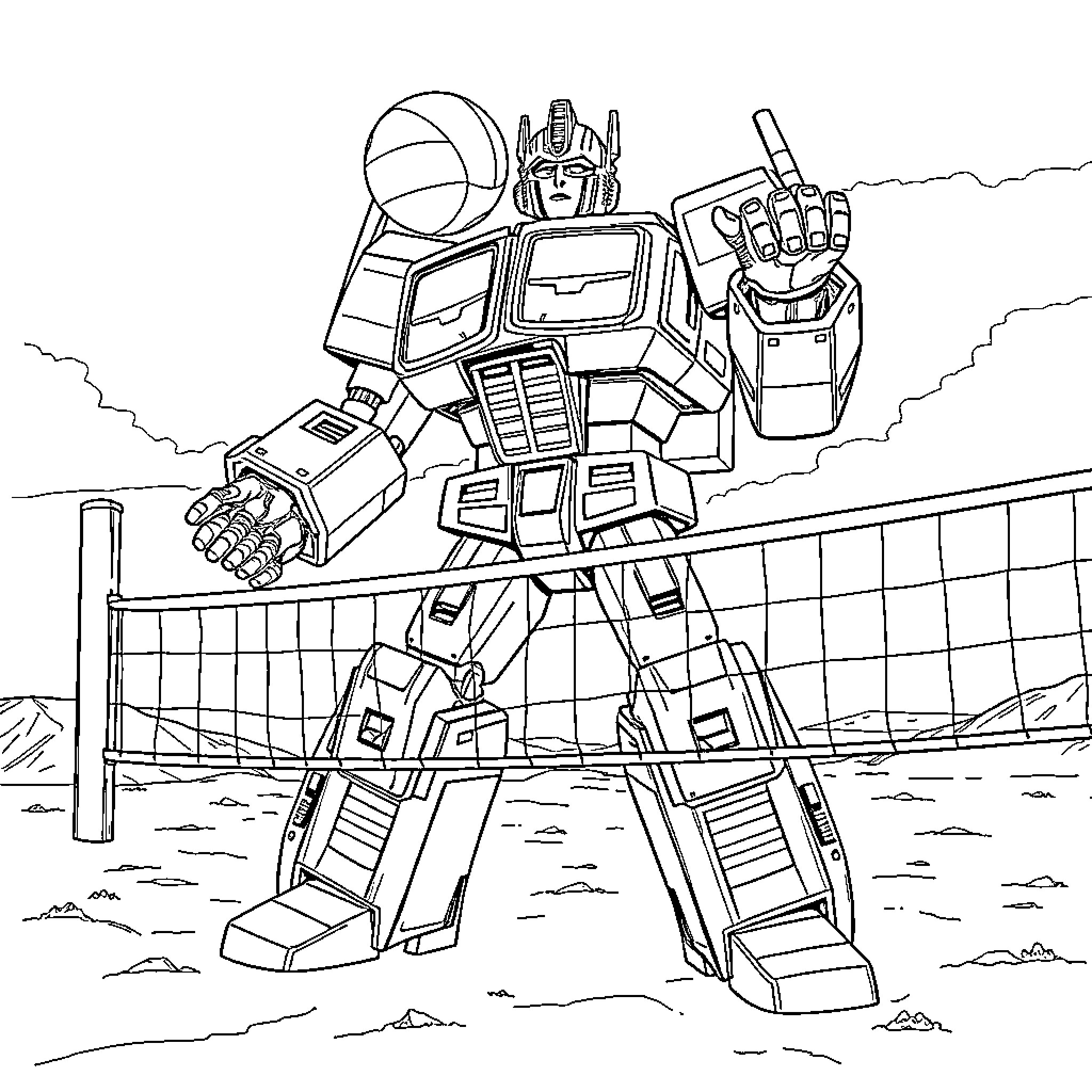 Optimus Prime in Battle Stance by Volleyball Net Coloring Page (free black-and-white line drawing printable PDF for all, from beginners to advanced learners, including children, teens, adults, and seniors)