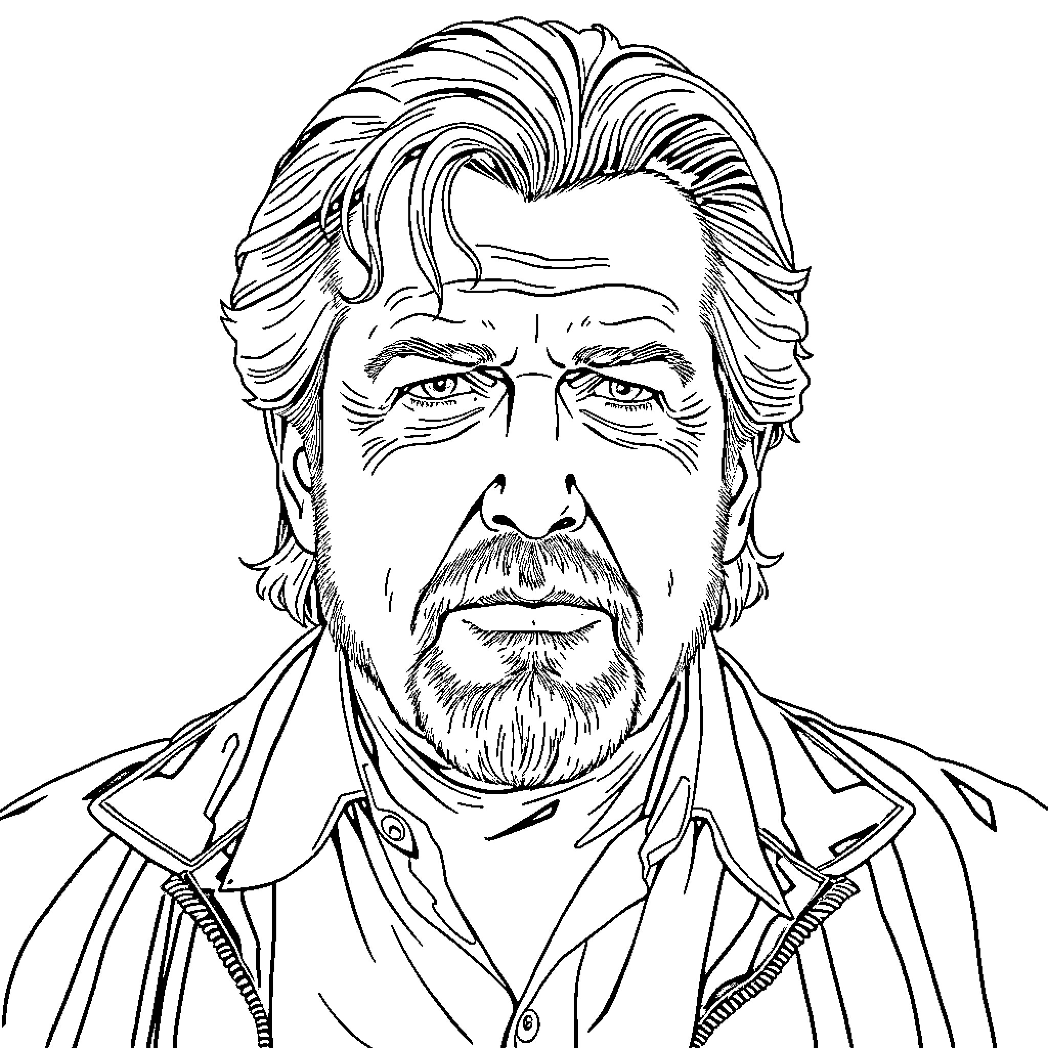 Val Kilmer in pensive expression and rugged attire Coloring Page (free black-and-white line drawing printable PDF for all, from beginners to advanced learners, including children, teens, adults, and seniors)