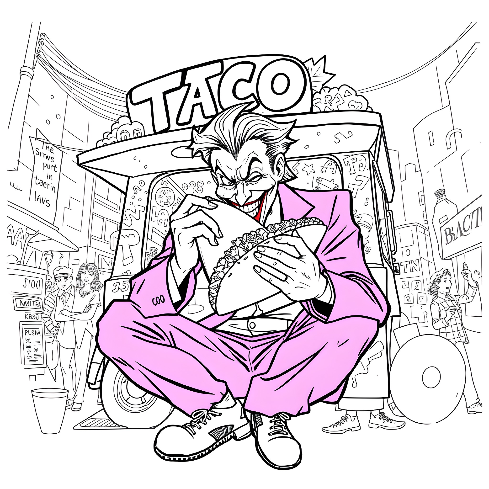 Joker in pink coat enjoying a taco in the city Coloring Page (free black-and-white line drawing printable PDF for all, from beginners to advanced learners, including children, teens, adults, and seniors)