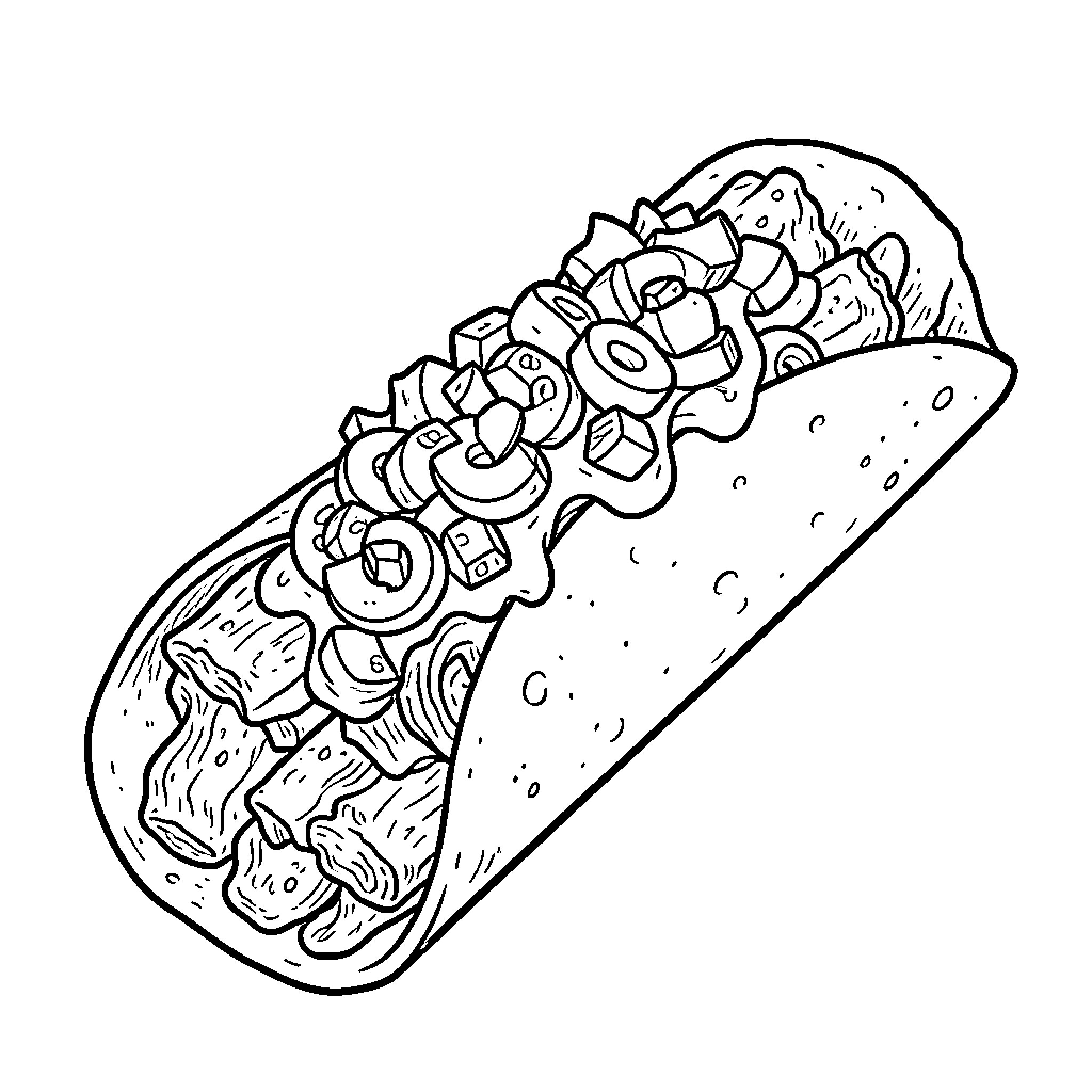 Flute playing tasty burrito with vibrant toppings Coloring Page (free black-and-white line drawing printable PDF for all, from beginners to advanced learners, including children, teens, adults, and seniors)