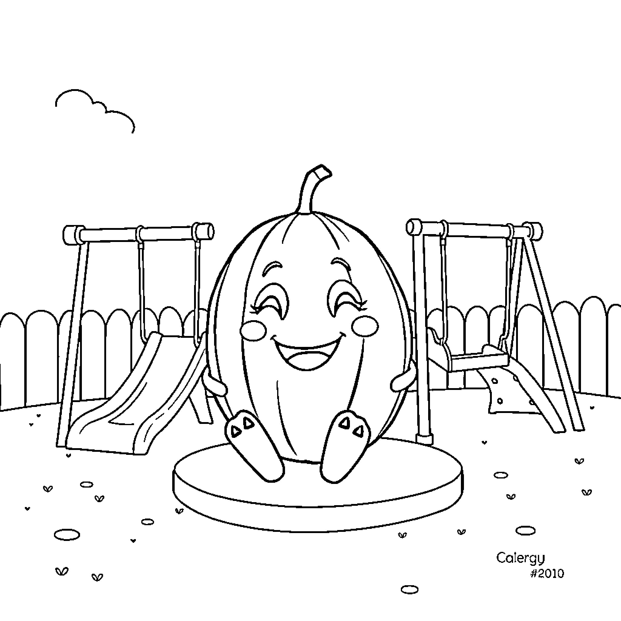 Cocomelon characters playing on the playground equipment Coloring Page (free black-and-white line drawing printable PDF for all, from beginners to advanced learners, including children, teens, adults, and seniors)