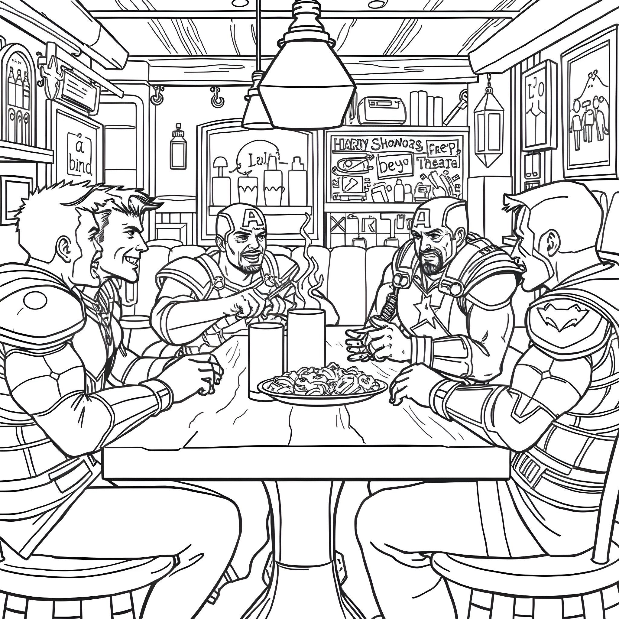 Avenger superheroes enjoying a casual meal together Coloring Page (free black-and-white line drawing printable PDF for all, from beginners to advanced learners, including children, teens, adults, and seniors)