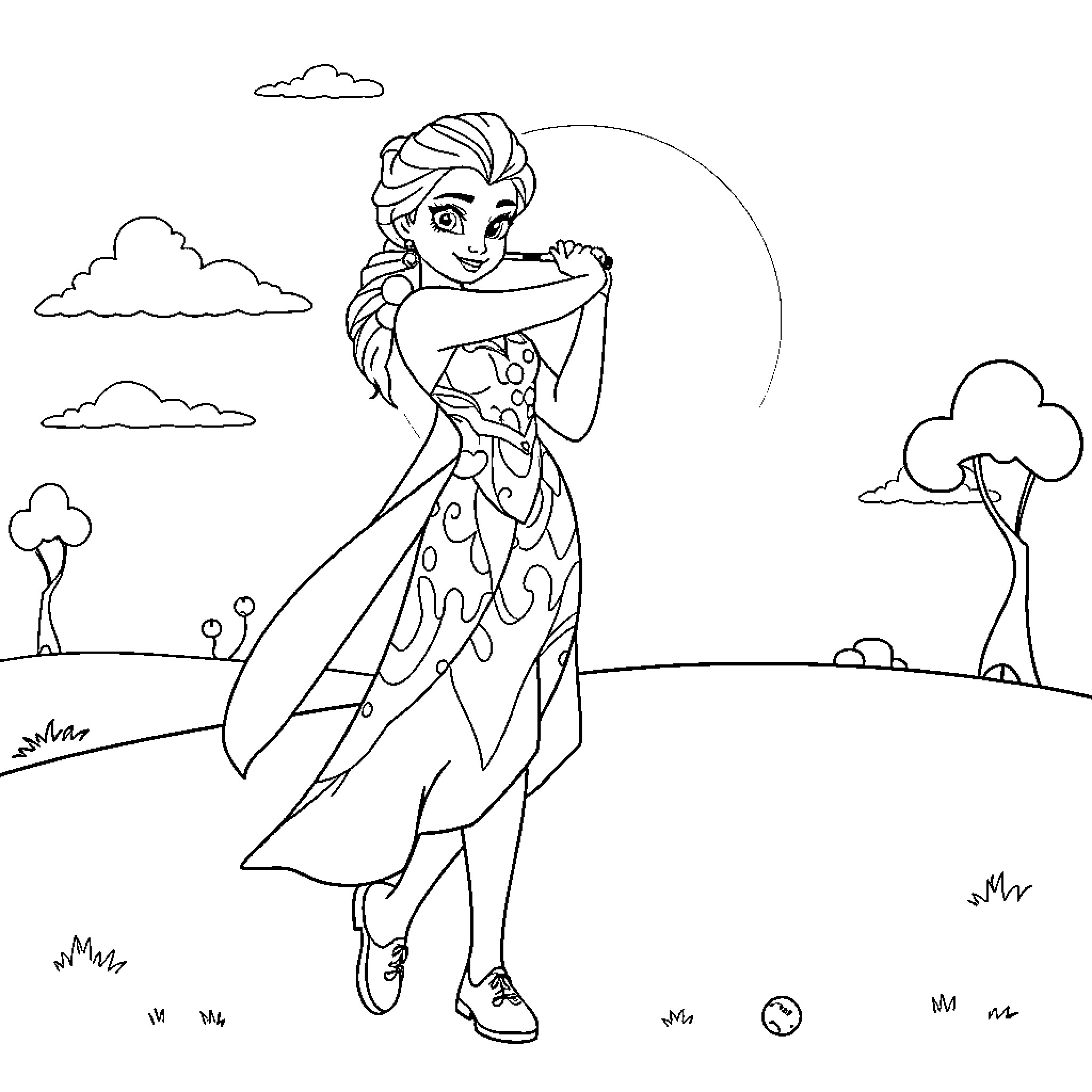 Elsa enjoying a peaceful day in nature Coloring Page (free black-and-white line drawing printable PDF for all, from beginners to advanced learners, including children, teens, adults, and seniors)