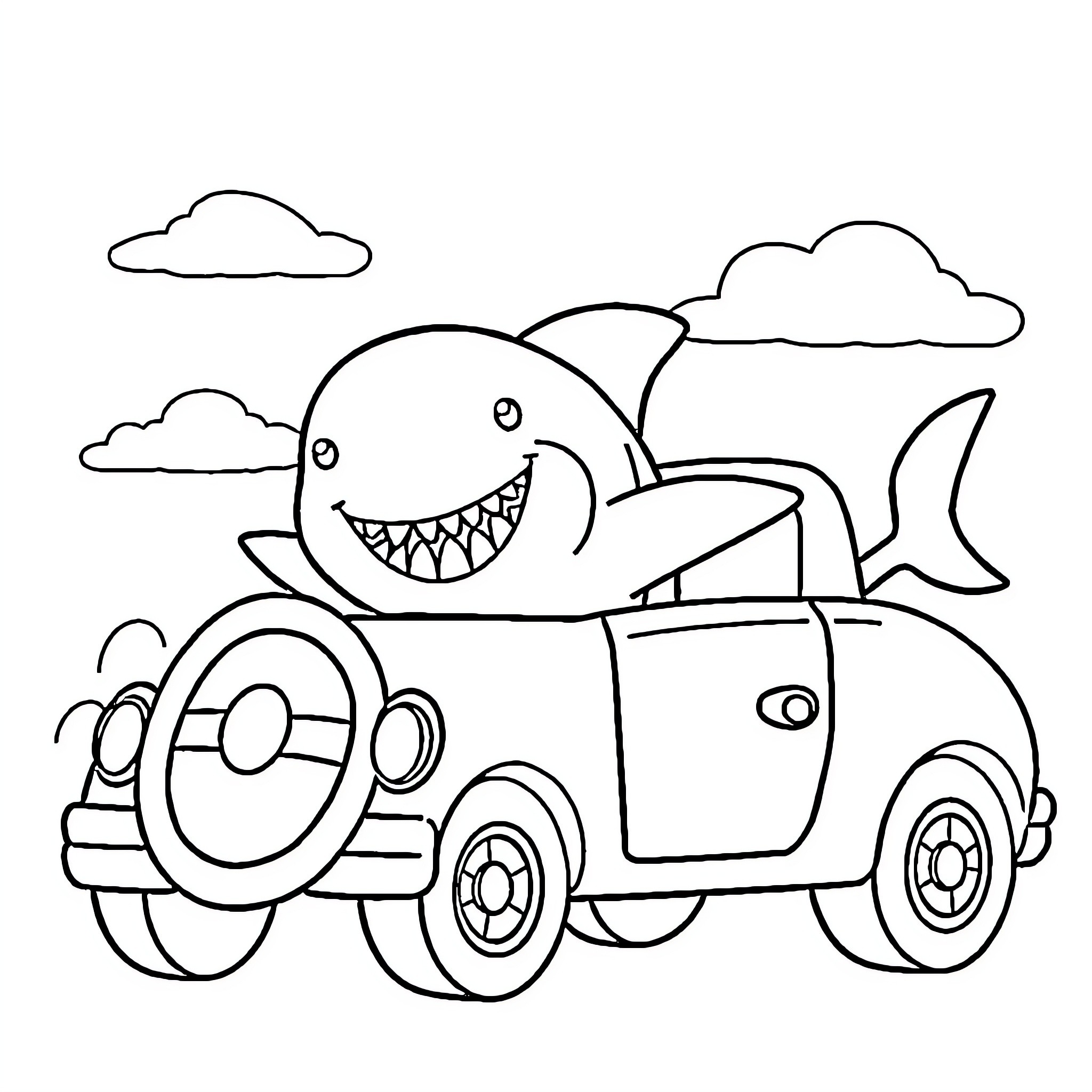 Baby Shark driving a funny car Coloring Page (free black-and-white line drawing printable PDF for all, from beginners to advanced learners, including children, teens, adults, and seniors)