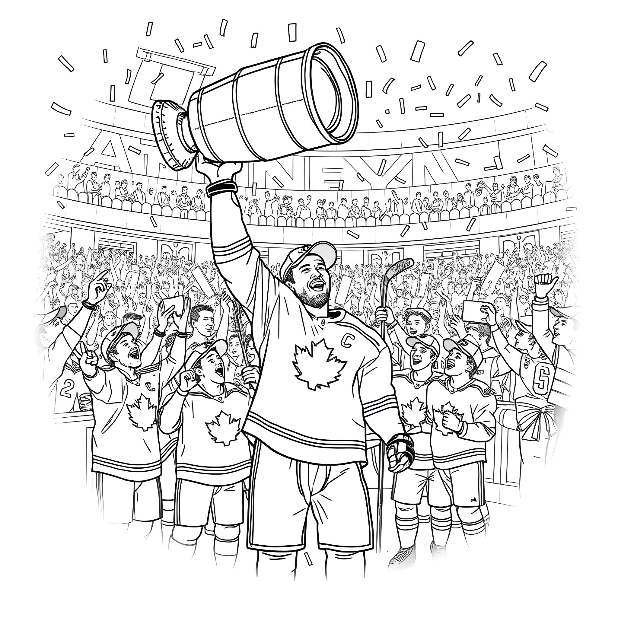 Auston Matthews celebrating hockey championship with fans Coloring Page (free black-and-white line drawing printable PDF for all, from beginners to advanced learners, including children, teens, adults, and seniors)