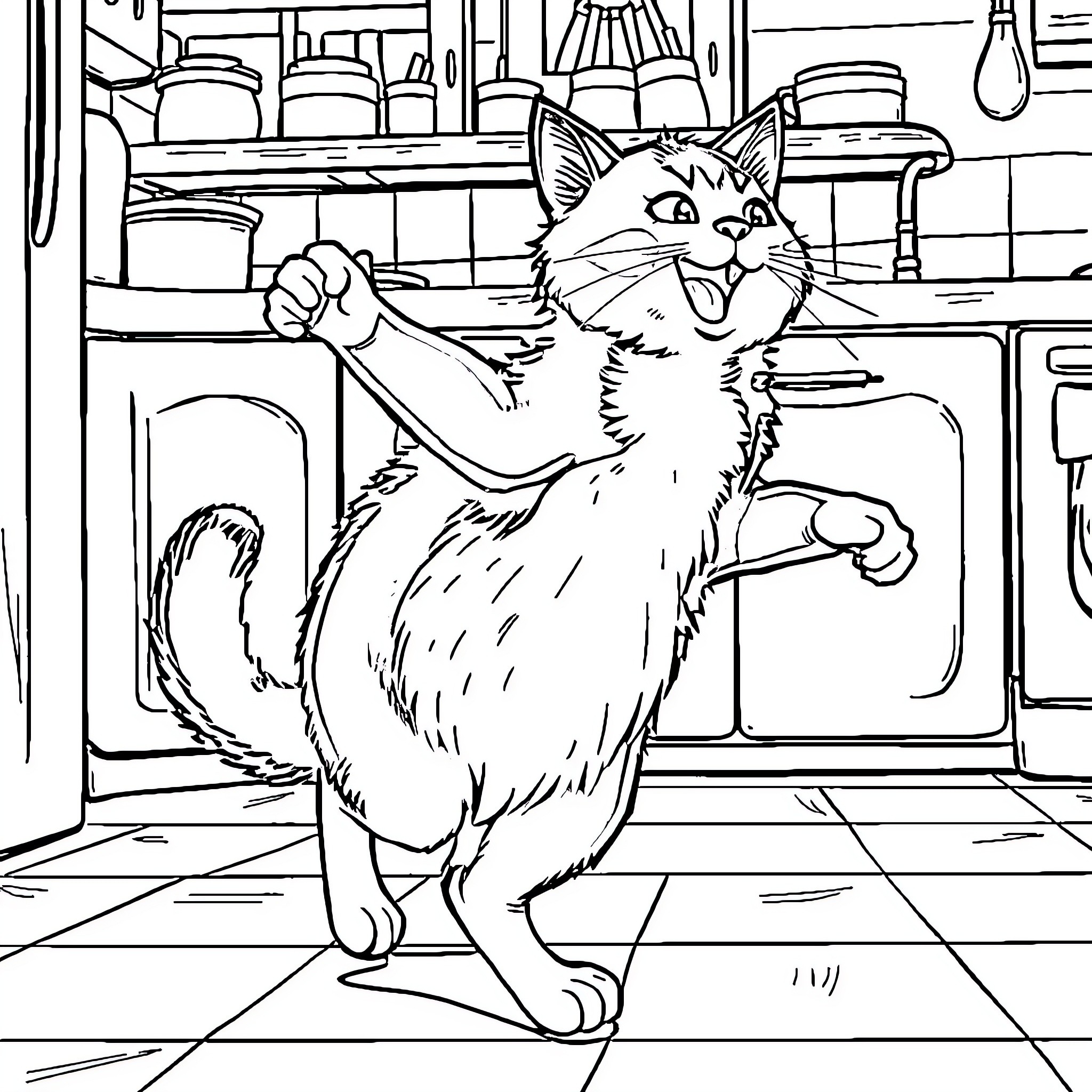Gaby the Curious Cat Explores the Kitchen Coloring Page (free black-and-white line drawing printable PDF for all, from beginners to advanced learners, including children, teens, adults, and seniors)