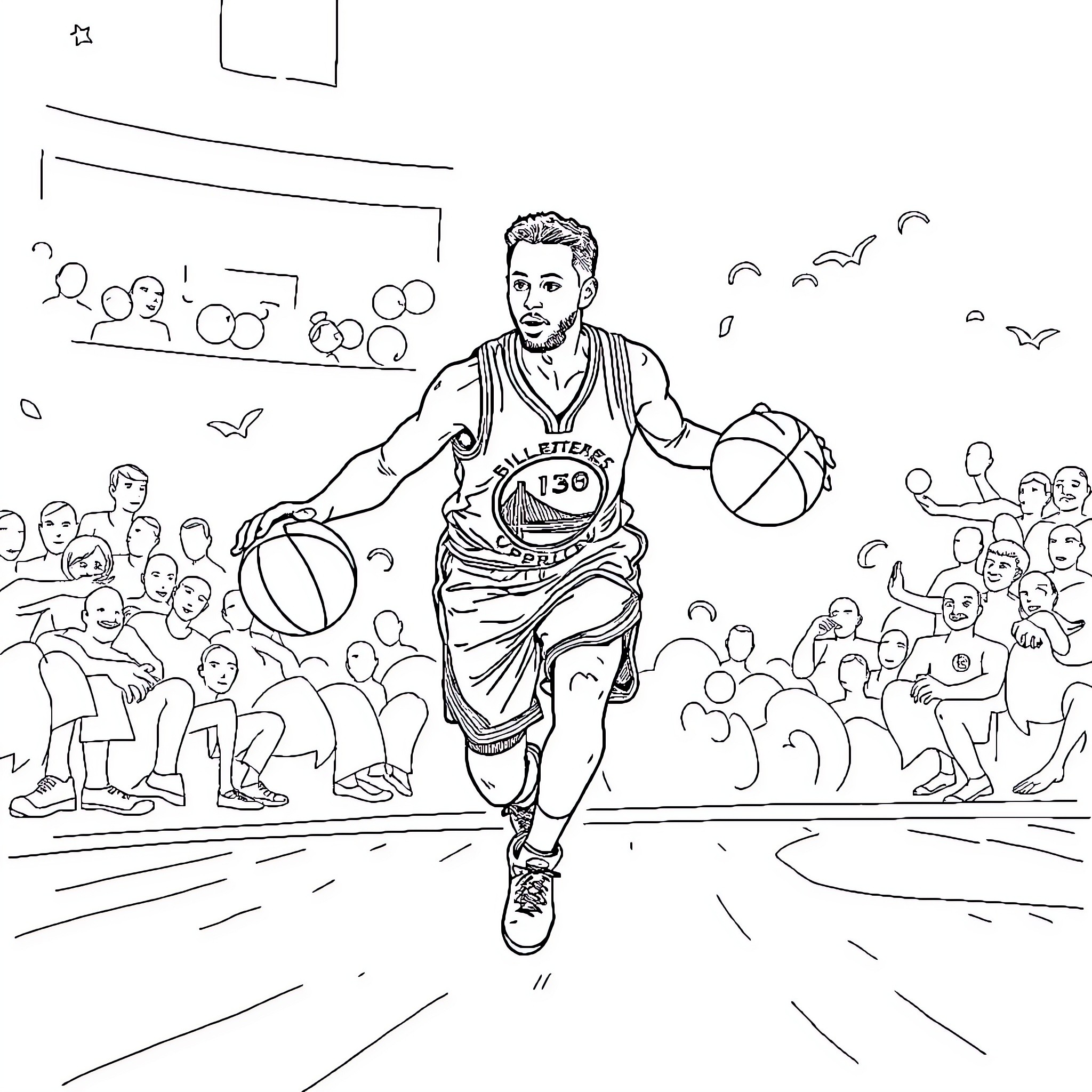 Steph Curry Showcasing Basketball Skills on the Court Coloring Page (free black-and-white line drawing printable PDF for all, from beginners to advanced learners, including children, teens, adults, and seniors)