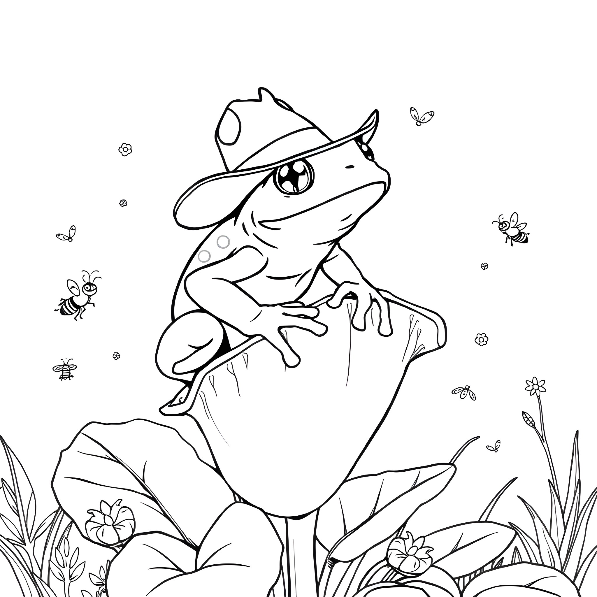 Frog with hat enjoying nature's beauty Coloring Page (free black-and-white line drawing printable PDF for all, from beginners to advanced learners, including children, teens, adults, and seniors)