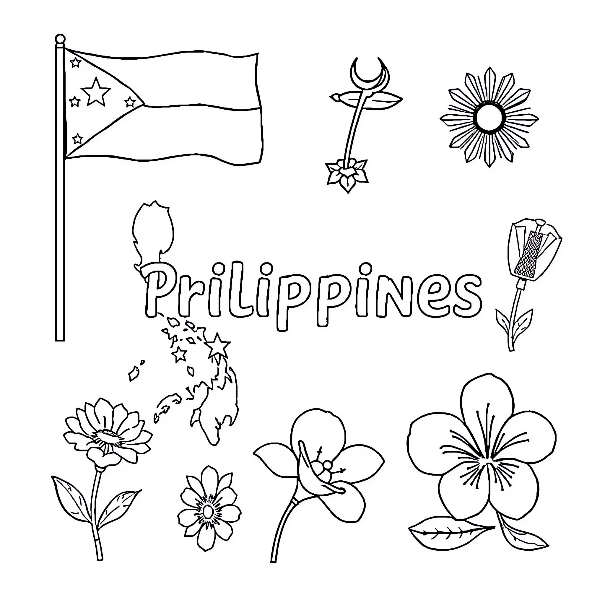 National Symbol of the Philippines with Flowers Coloring Page (free black-and-white line drawing printable PDF for all, from beginners to advanced learners, including children, teens, adults, and seniors)